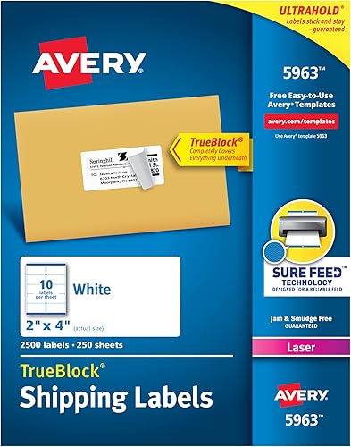 Avery Etiquetas de envío imprimibles con alimentación segura, 2 x 4 pulgadas, blancas, 2,500 etiquetas de correo en blanco (5963)