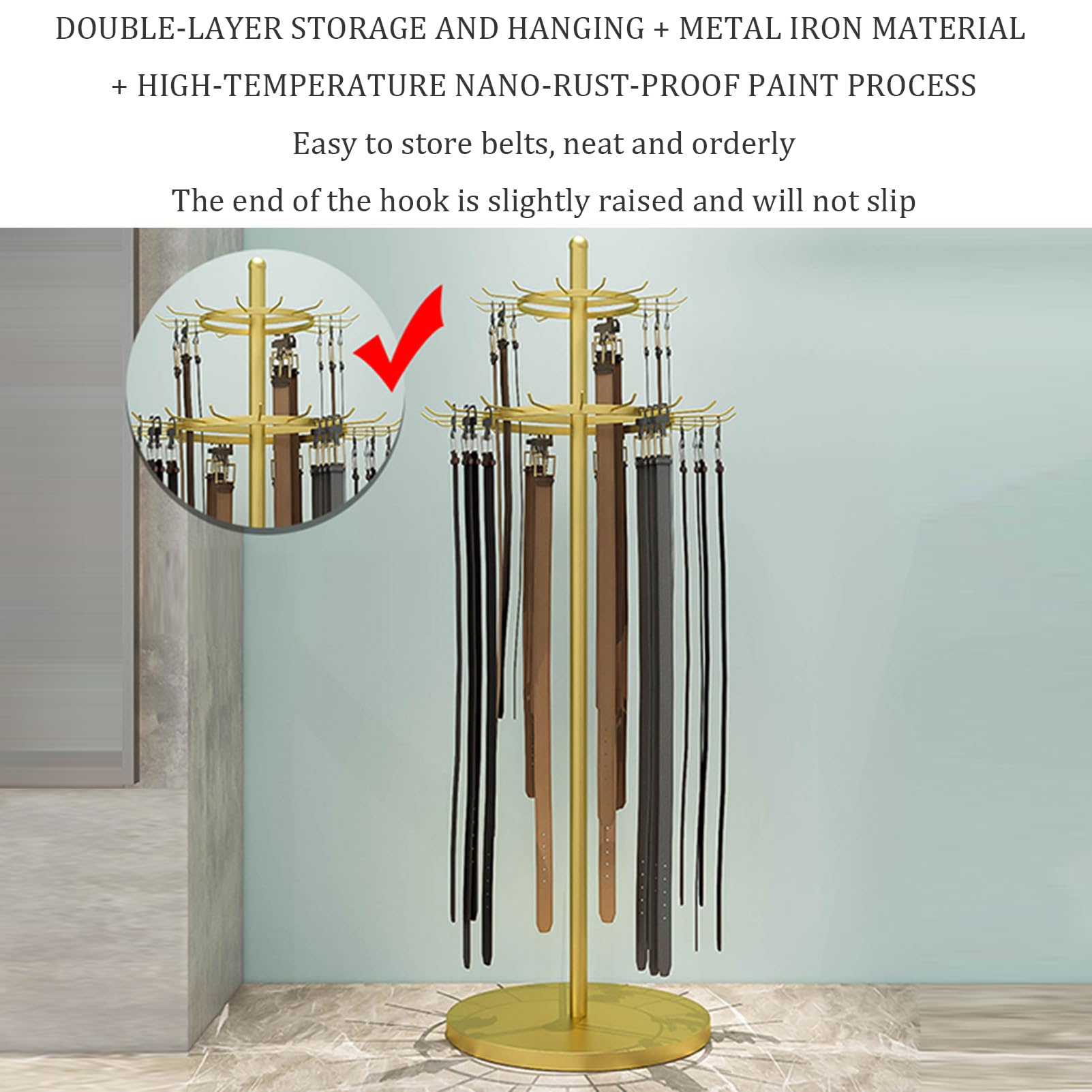 Soporte de gancho de piso para cinturones, organizador de cinturón de metal para armario, soporte para colgar corbatas, para uso comercial. Maximiza la visibilidad y el estilo