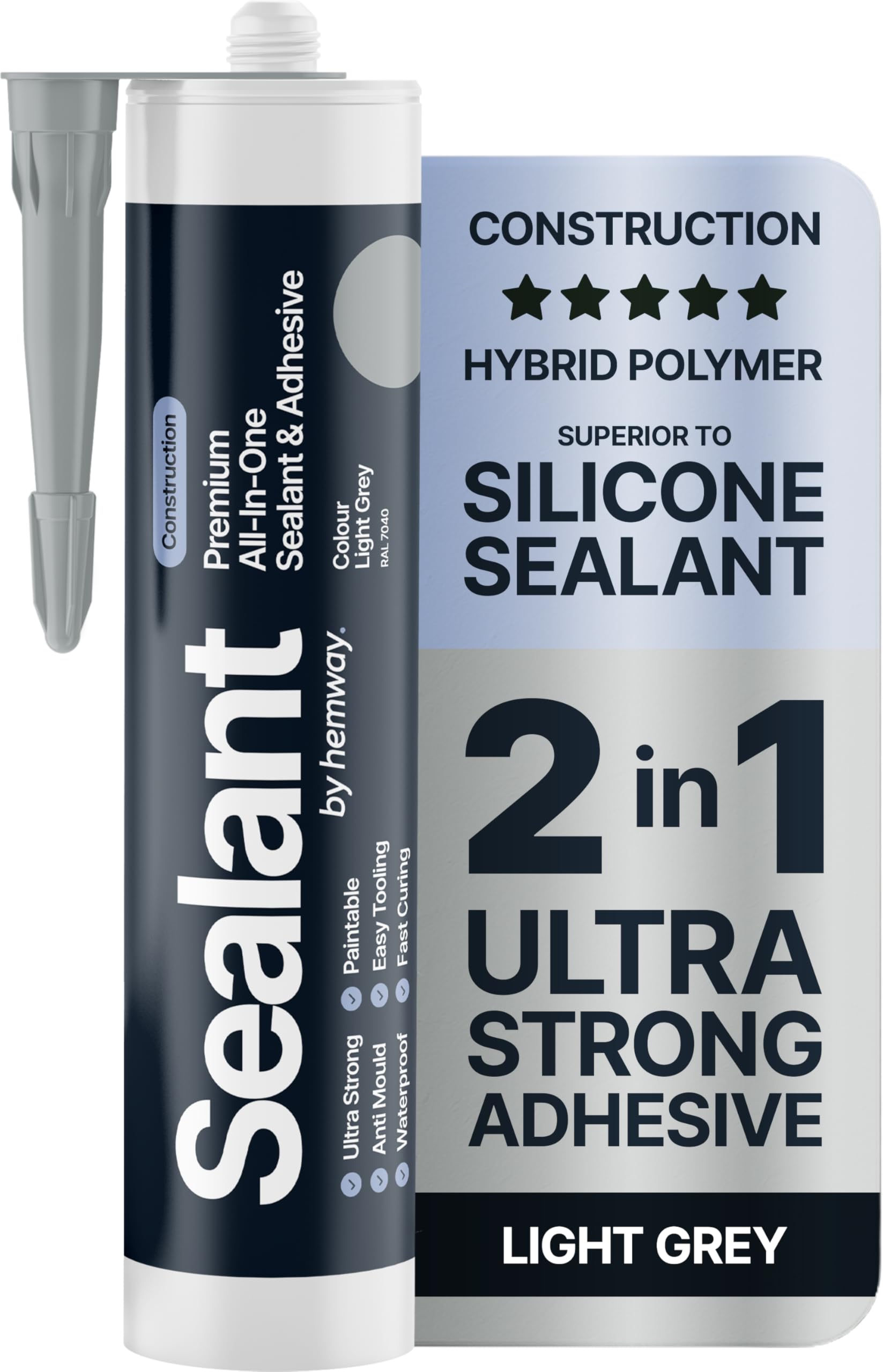 Light Grey Construction Sealant & Adhesive All-In-One Hybrid Polymer | Superior to Silicone Sealant | Waterproof, Odourless, Anti-Mould, Paintable | Kitchen Bathroom Outdoor - 300 ml 1 Pack
