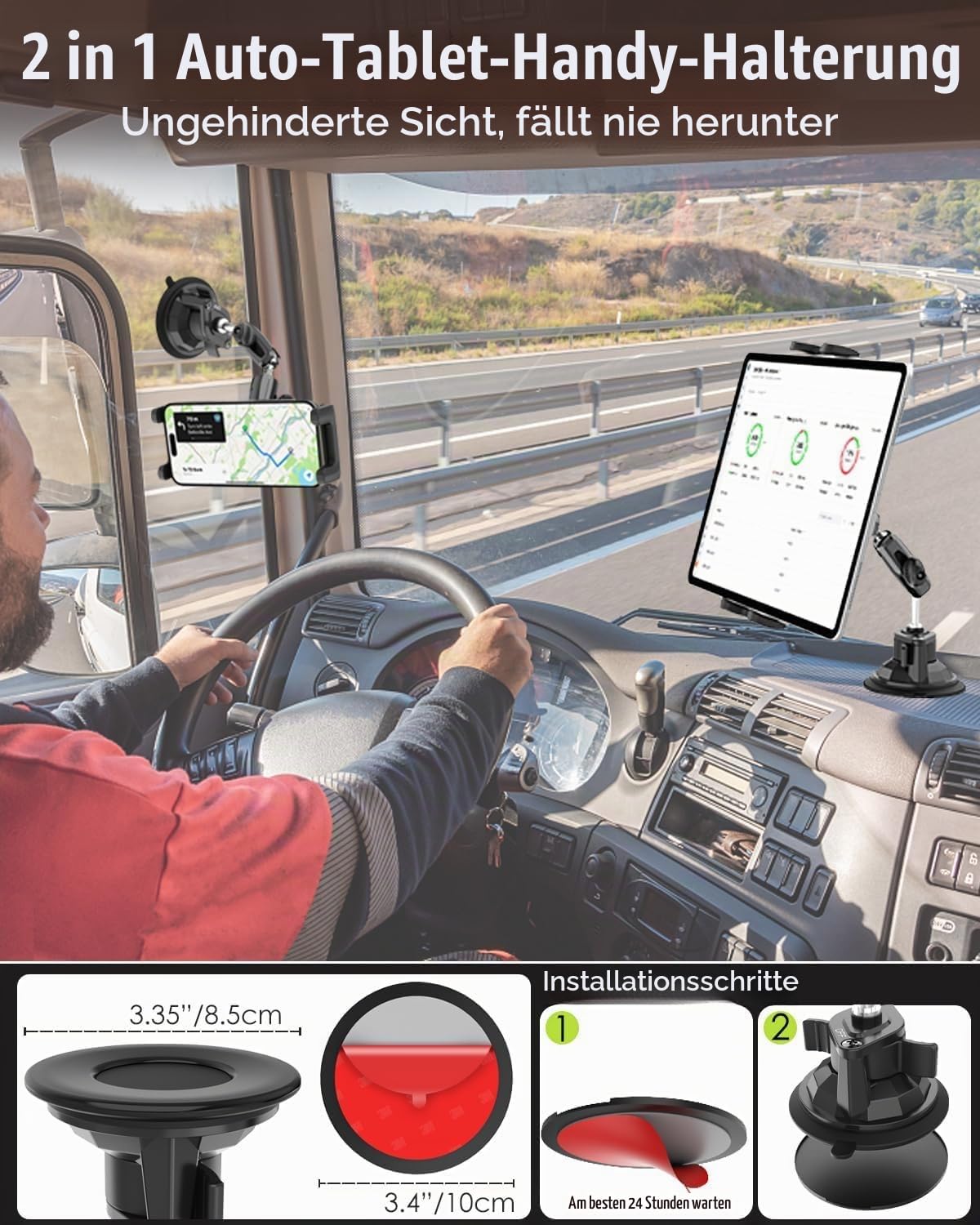 Schwerlast Saugnapf Halter Tablet Halterung Auto - [Doppelt Metall Kugelkopf], PKW/LKW Armaturenbrett Saugnapf Tablethalter Auto, für 4-12,9 Zoll Handy & Tablet, iPad Pro/Air/Mini, iPhone usw