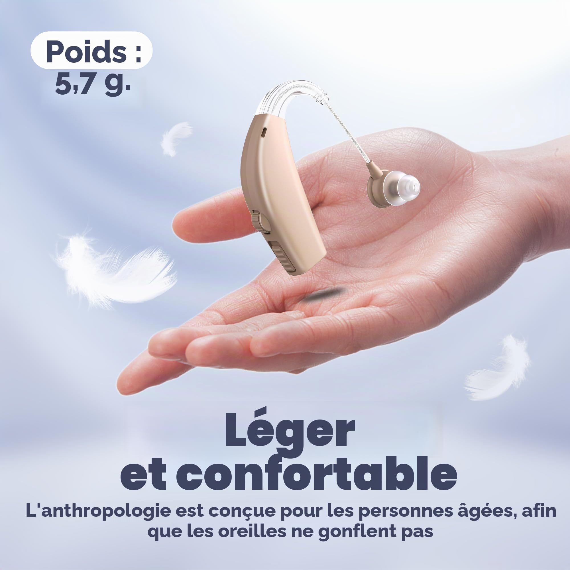 MEDca Appareil BTE numérique rechargeable avec réduction du bruit adapté aux adultes et aux personnes âgées, autonomie d'une journée, léger derrière l'oreille, peau, Beige