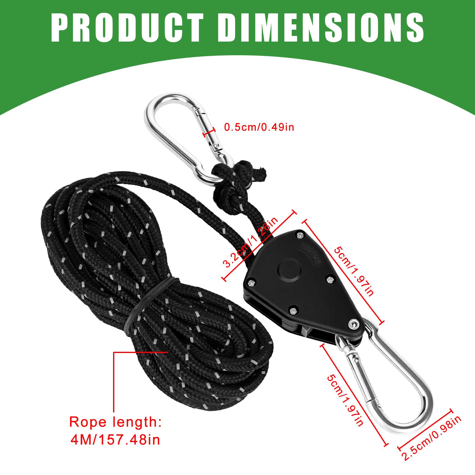 8 ganchos de trinquete, cuerdas tensoras de 4 m con tensor de cuerda, carraca resistente de 1/8 pulgadas para plantas, ventilador, luz, plantas de interior (negro)