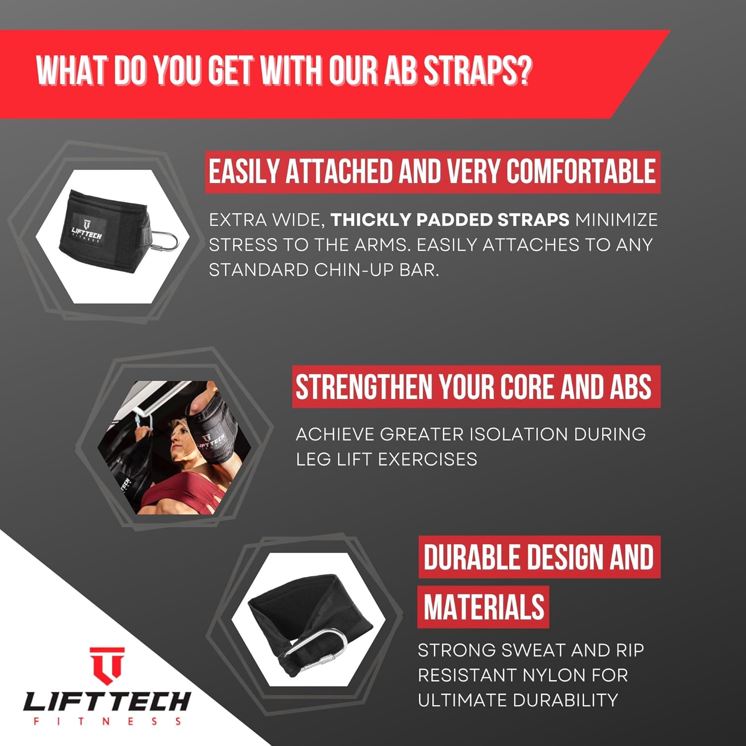 Lift Tech Fitness Ab Straps (Pair of 2) - Comfortable Hanging Ab Straps for Men & Women - Thickly Padded Hanging Ab Straps for Pull Up Bar - Black