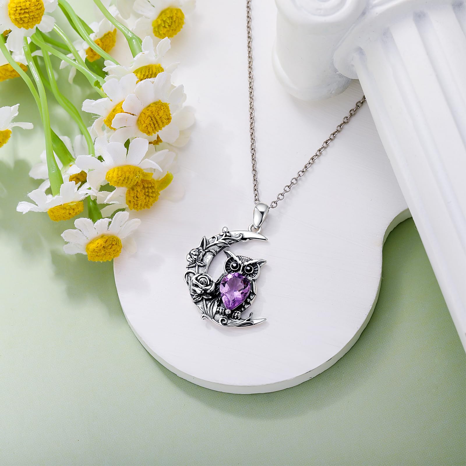 AXELUNA Amethyst Eule Halskette für Frauen 925 Sterling Silber Halbmond Eule Rose Halskette Schmuck Geschenke für Mutter Ehefrau
