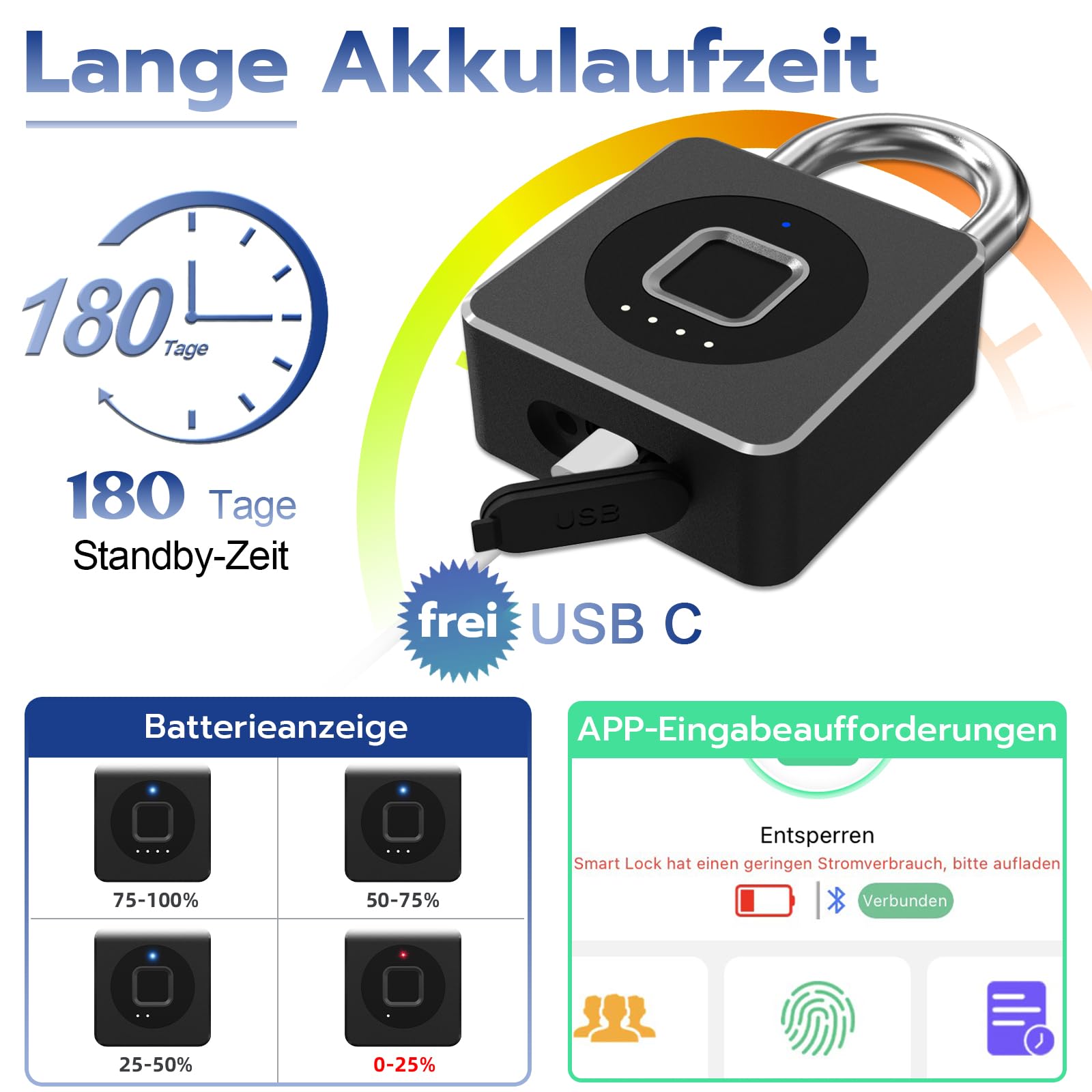 Lucchetto con impronta digitale, lucchetto con app, lucchetto con cavo in acciaio senza chiave, biometrico intelligente, impermeabile, per palestra, armadietto, casco, cancello bagagli