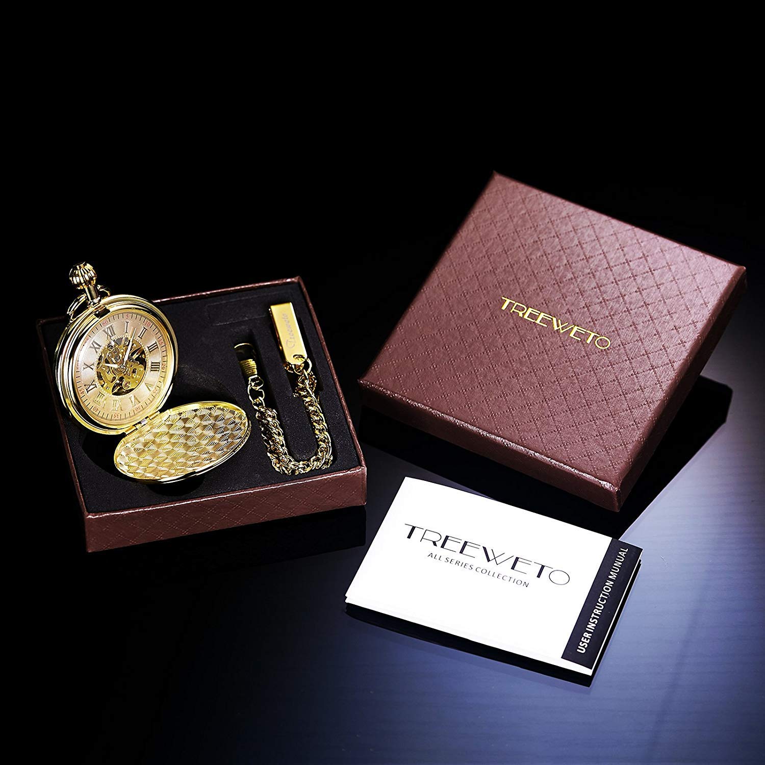 TREEWETO Montre de poche mécanique pour homme et femme - Doré/argenté - Avec chaîne