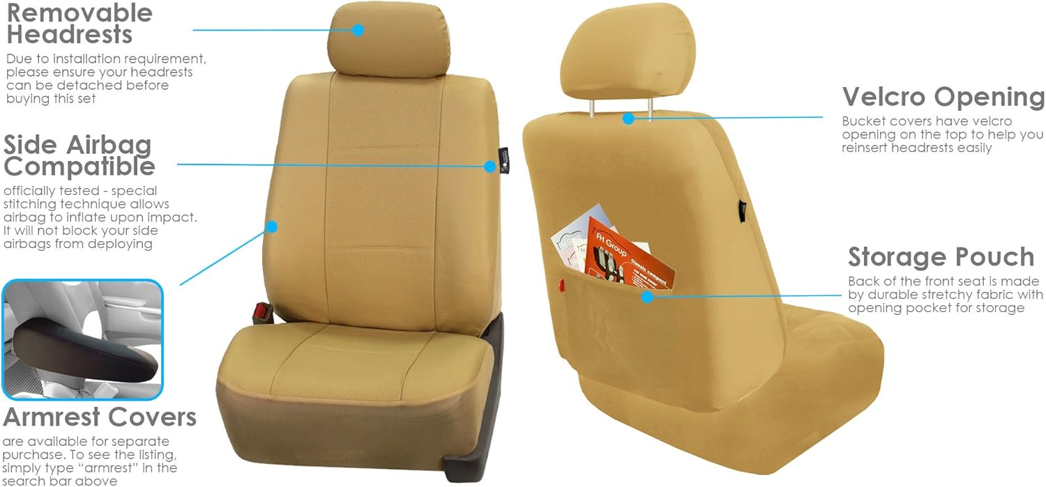 FH Group Automotive Seat Cover Deluxe Leatherette Beige Car Set Cover Full Set, Interior Accessories Airbag Compatible Split Bench Tan Car Seat Covers Interior Accessories Universal Fit Car Truck SUV