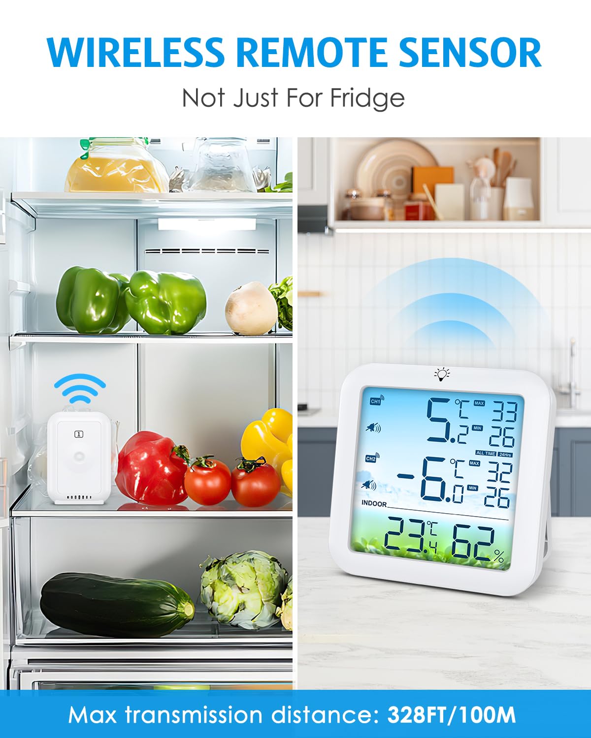 Brifit Kühlschrankthermometer, Gefrierschrank Thermometer mit 2 Sensoren, Digitales Farbdisplay-Thermometer mit Alarm, ℃/℉ Schalter, MIN/MAX, Weiße Hintergrundbeleuchtung für Küche, Restaurants