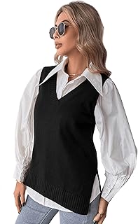 Romwe Women's V Neck Knit Sweater Vest Solid Split Side Sleeveless Loose Blouse Tank Top