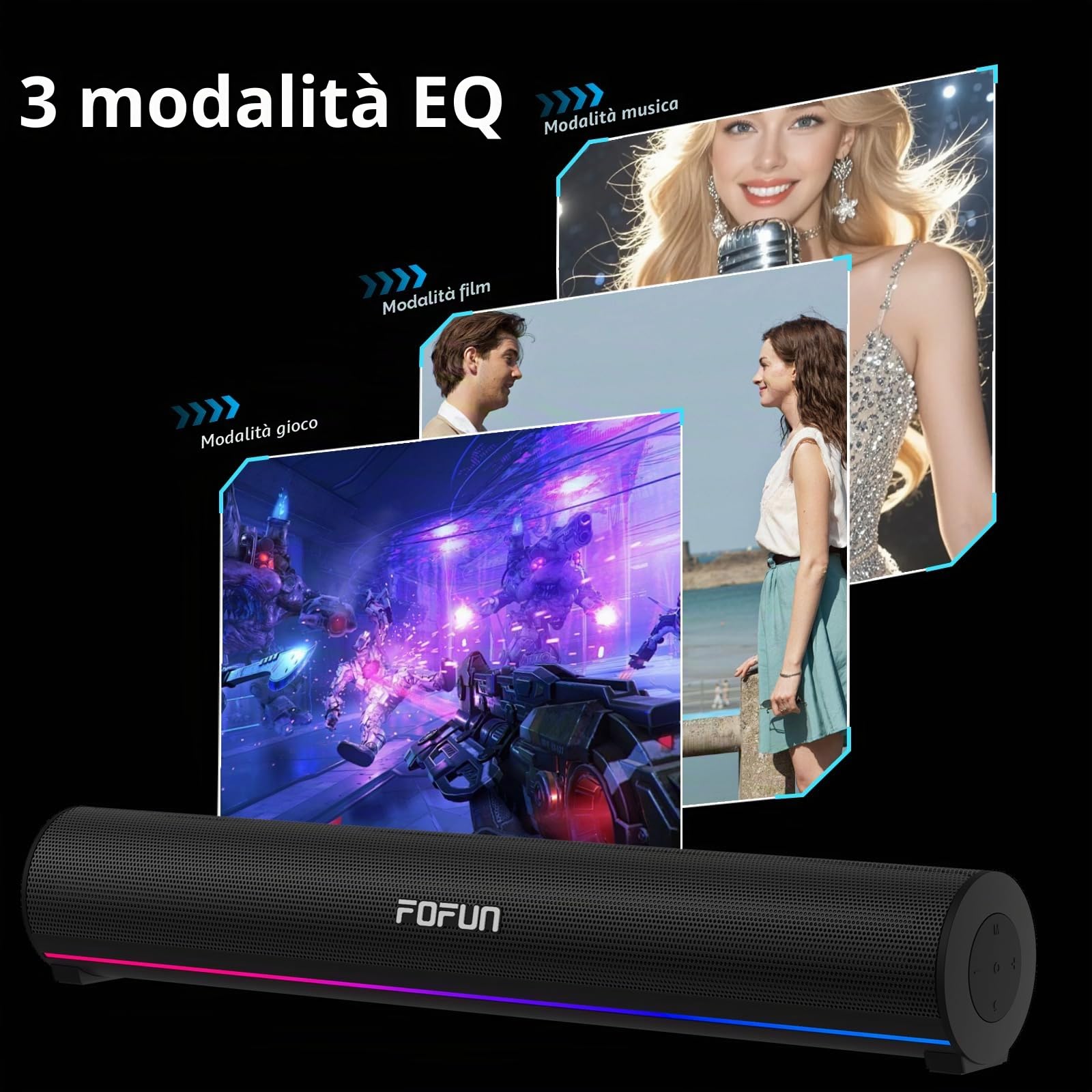 2 in 1 Gaming Soundbar con Microfono Staccabile,Casse per PC con Alimentazione USB, Bluetooth 6.0, Illuminazione LED RGB, 3 EQ Audio per PC Gaming,Laptop,TV,Smartphone