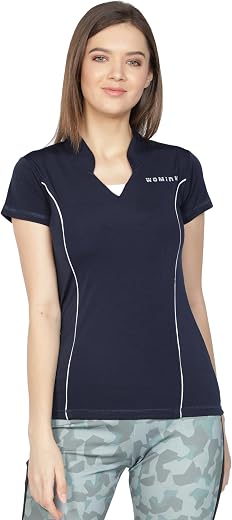 Womink Women's Sports T-Shirt I Elastane Quick Drying &amp; Breathable I Self Design Regular Fit Mandarin Collar V Neck Half S...