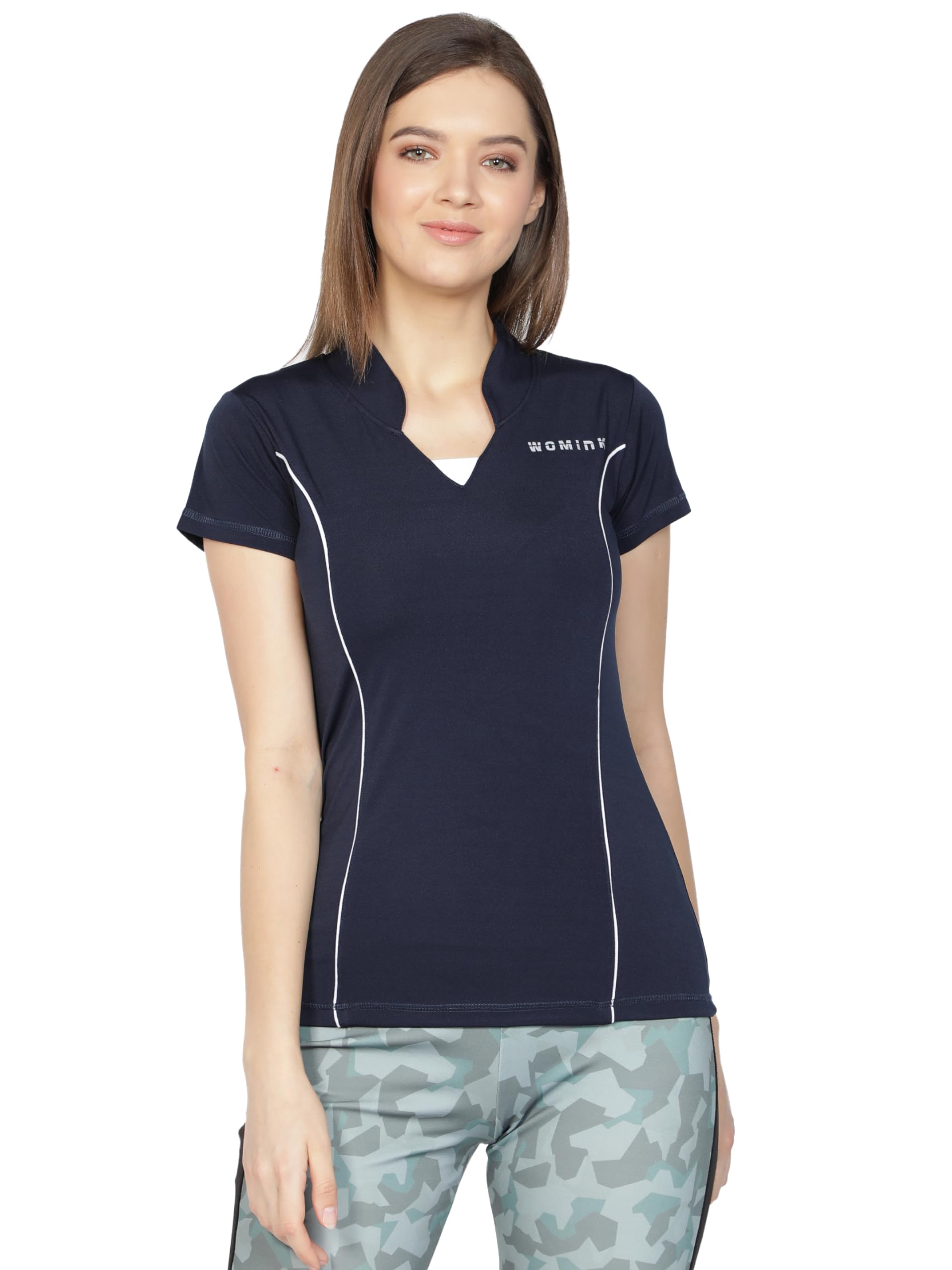Womink Women's Sports T-Shirt I Elastane Quick Drying & Breathable I Self Design Regular Fit Mandarin Collar V Neck Half Sleeve Tees I Tshirts for Running Yoga Gym Girls & Women-picture-49