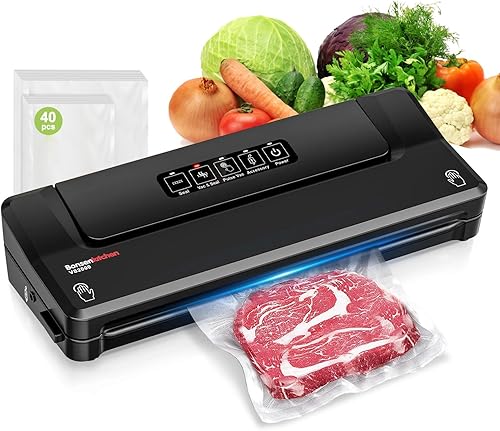 Bonsenkitchen Máquina selladora al vacío con 40 bolsas de vacío, sellador de alimentos compacto rápido, tecnología Globefish para sellado continuo