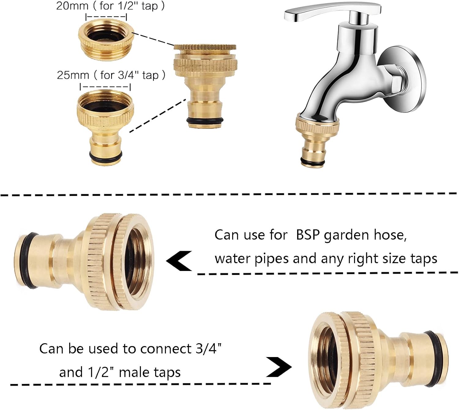 2 Pack Garden Hose Tap Connector, 3/4 & 1/2 inch 2 in 1 Brass Female