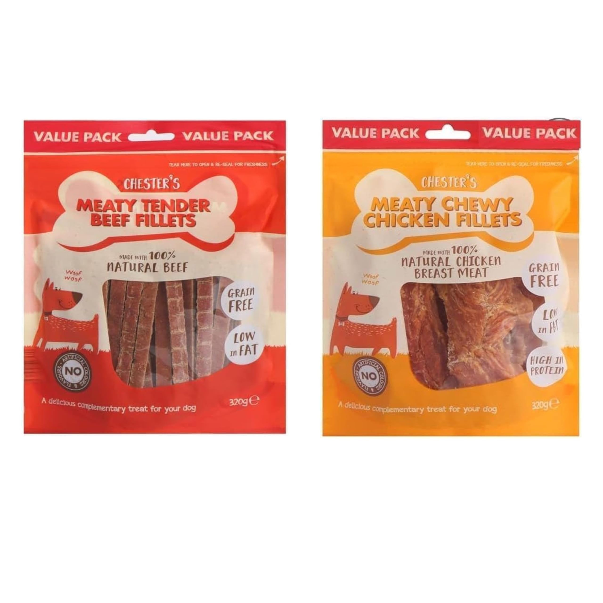 Chesters Meaty Chewy Dog Treats โ 2 Pack | High-Protein, Natural, Soft Chewy Snacks for Dogs (Beef Fillets & Chicken Fillets)