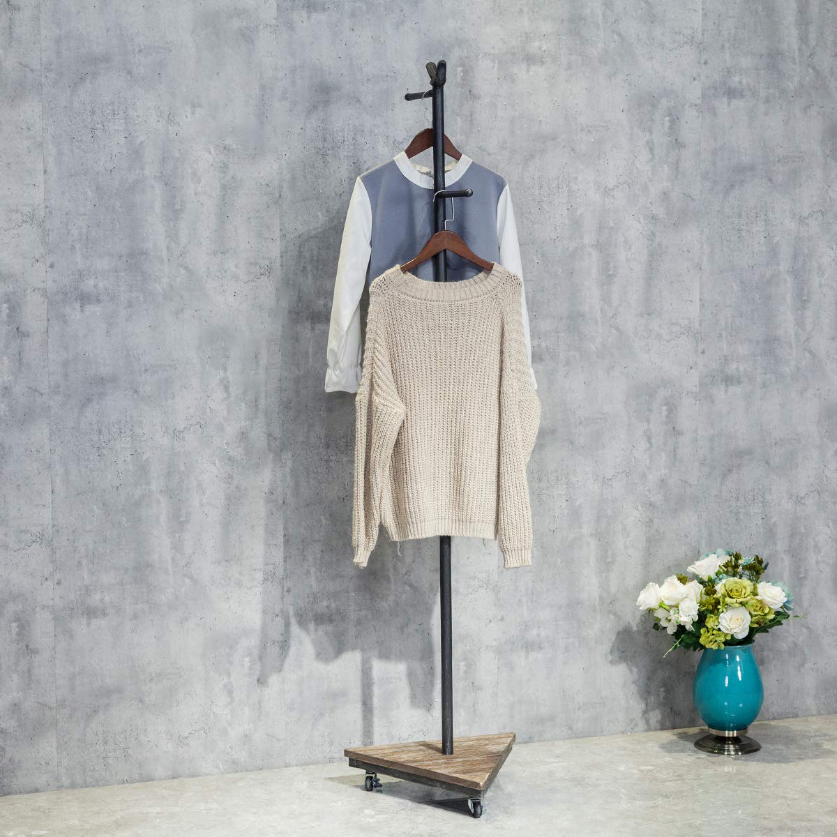 HANS CAO Industrial Vintage Pipe Heavy Rolling Garment Display Rack, Standing Clothes Hanger with Wheel, Garment Storage Frame, Clothes Retail Store Shelves, Wood and Iron, 15.7''L x 15.7''W x 63''H