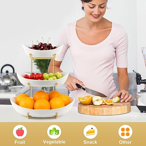 Miniatura 6 de Frutero grande para encimera de cocina, cesta de frutas de cerámica de 3 niveles con soporte de metal, soporte de frutas escalonado para encimera,