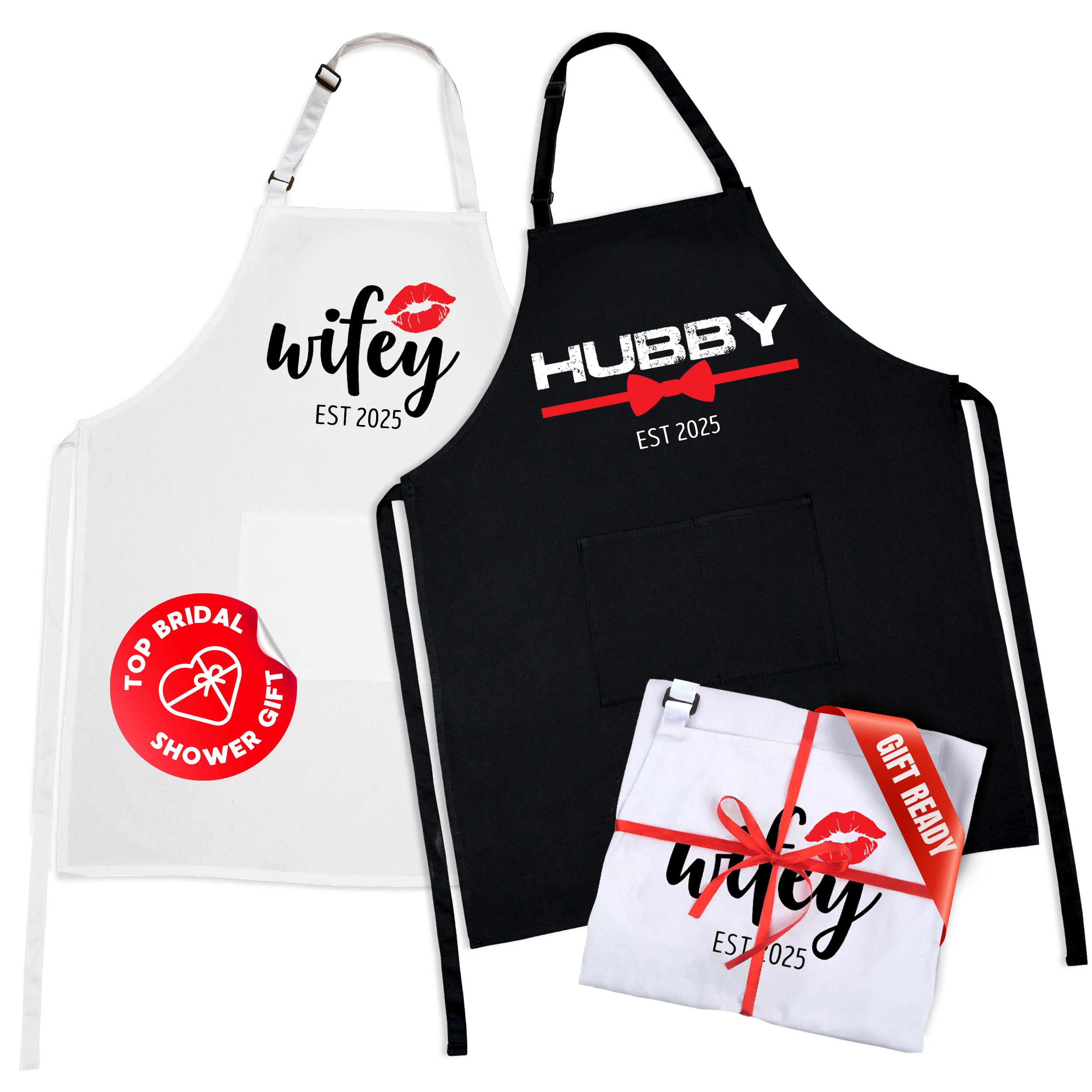 Prazoli His and Her Aprons - Mr Mrs Couples Engagement Gift, Cute Bridal Shower Gift Anniversary Wedding Registry Items & Decoration, Housewarming Gifts For New Home Newlywed Gift