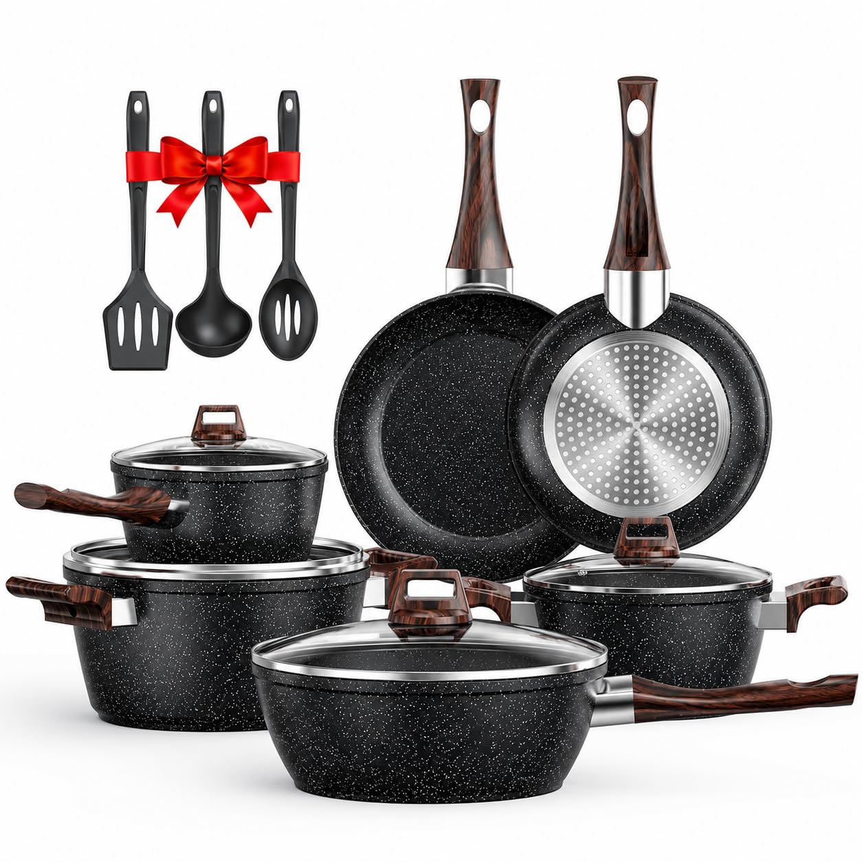 Topfset Induktion und Pfannenset Induktions Töpfe Set 13-teiliges Granit-Antihaft-Kochgeschirr Set mit Bratpfann, Kochtopf & Stielkasseroll, Glasdeckeln, PFAS und PFOA Frei