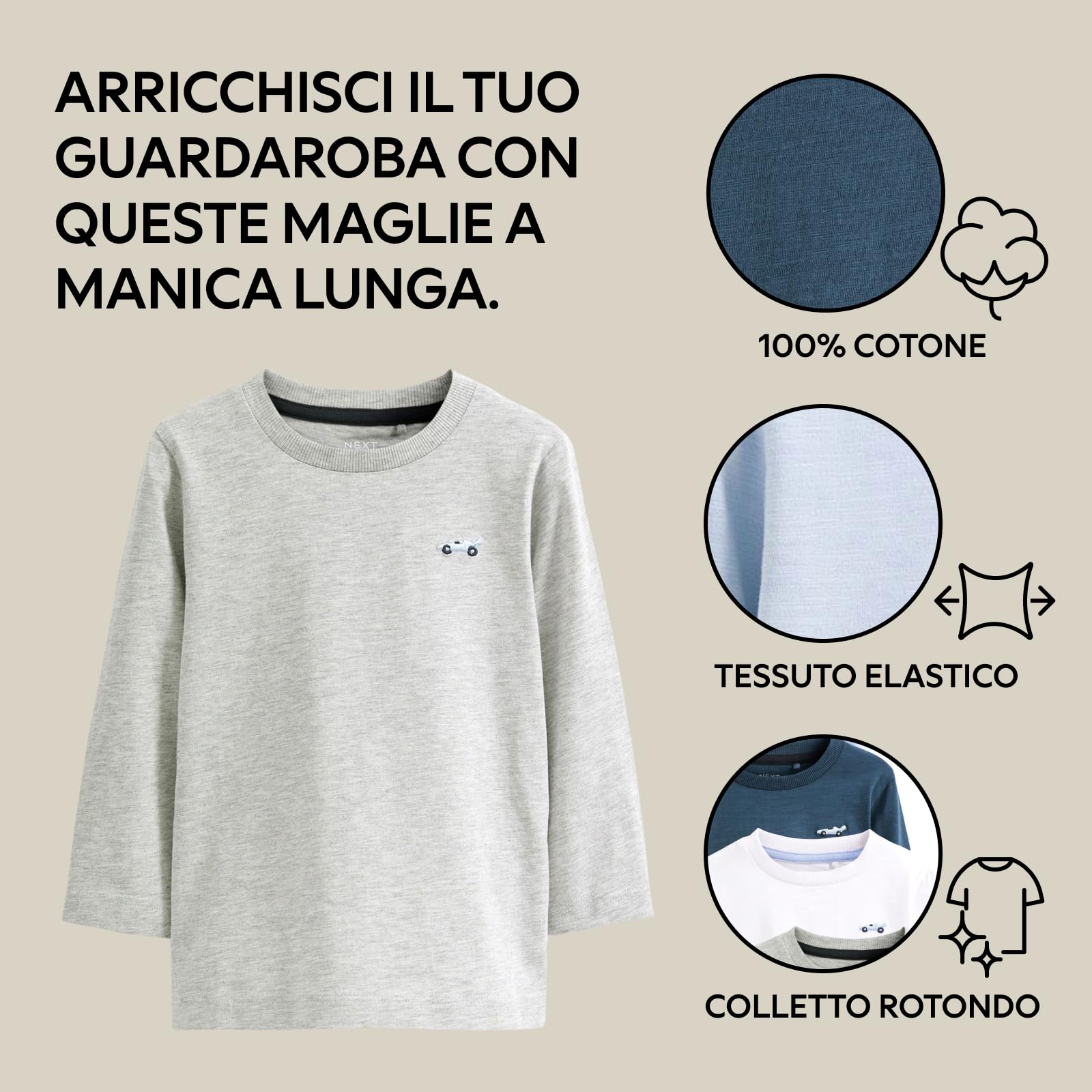 NEXT Ragazzo Confezione da 5 Magliette a Manica Lunga | Bambino, Standard, Pull On, Lavabile in lavatrice