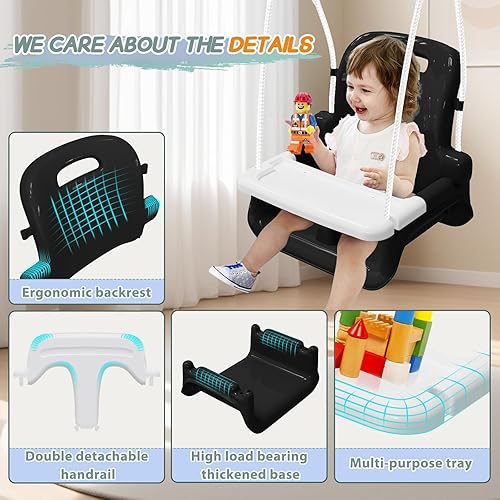 Miniatura 4 de Columpio mejorado para niños pequeños con bandeja, columpio para bebé al aire libre con diseño desmontable, cinturón de seguridad, marco plegable