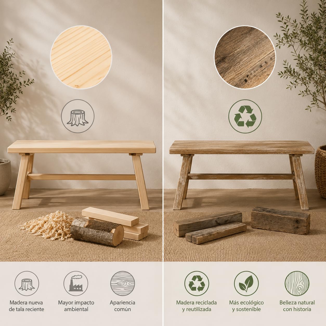Banco Madera Maciza de Estilo WABI Sabi-Banqueta de Madera Envejecida con Diseño Rústico-Asiento de Madera Natural para Recibidor, Salón, Dormitorio, Comedor y Pasillo 100x32x41cm XZ-24895