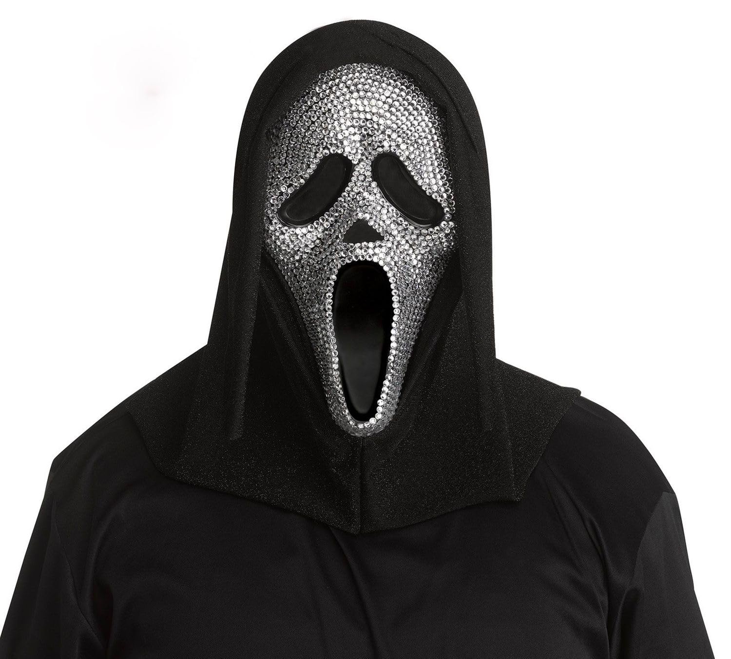 MIMIKRY Original Ghost Face Scream Mask with Rhinestone and Glitter Hood Halloween Horror Ghost Film, Black/Silver