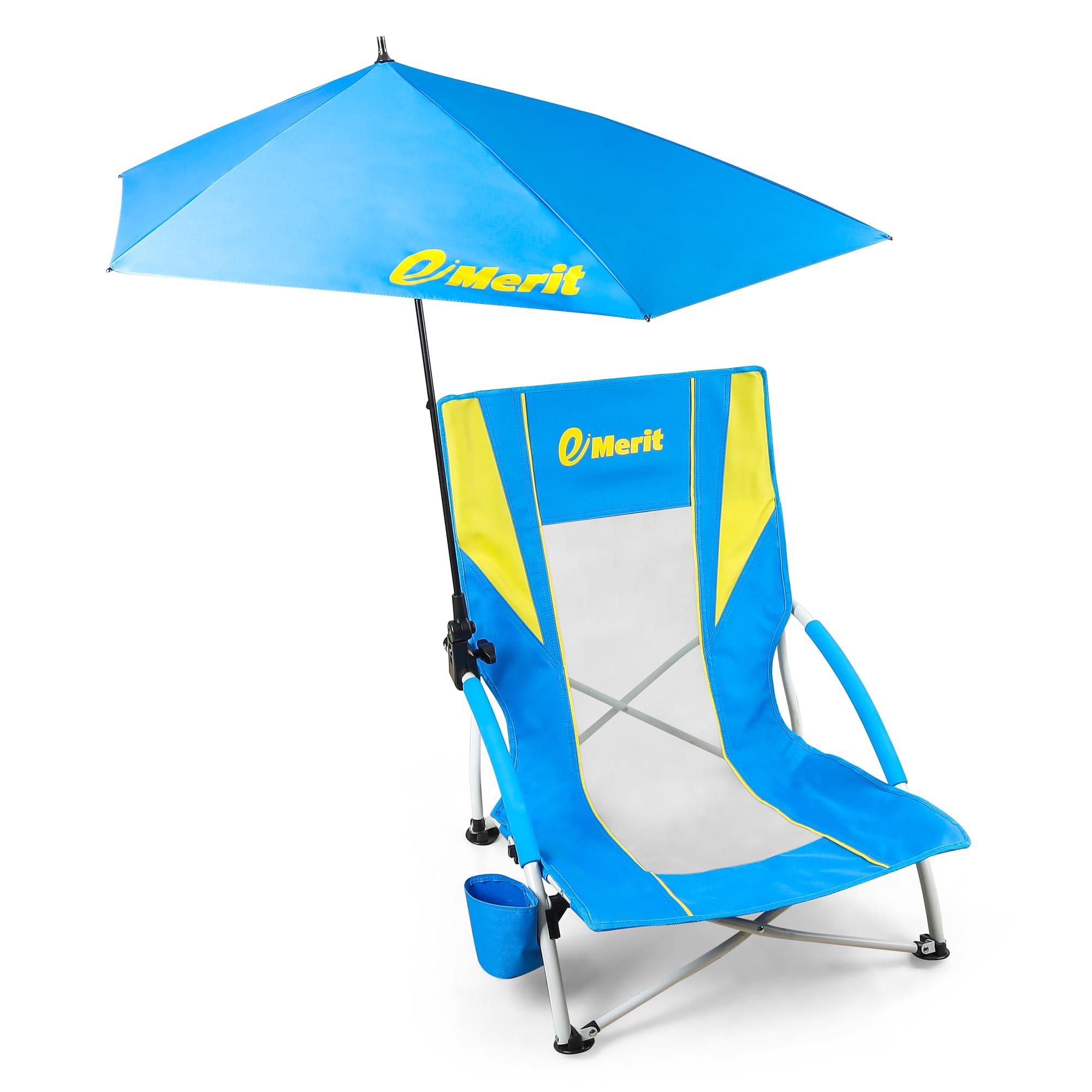 EMERIT Low Beach Chairs for Adults with Removable UPF 50+ Umbrella, Lightweight Folding Backpack Camping Chair with Cup Holder, Portable Sand Chair for Beach, Picnic, Lawn