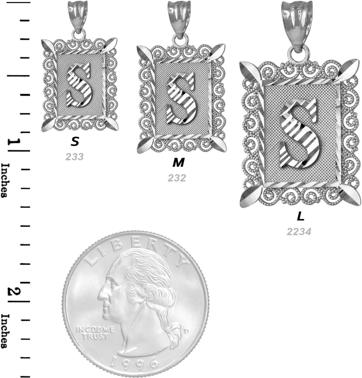 LA BLINGZ Sterling Silver Filigree Alphabet Letter 'S' Initial Personalized Charm Pendant (S/M/L)