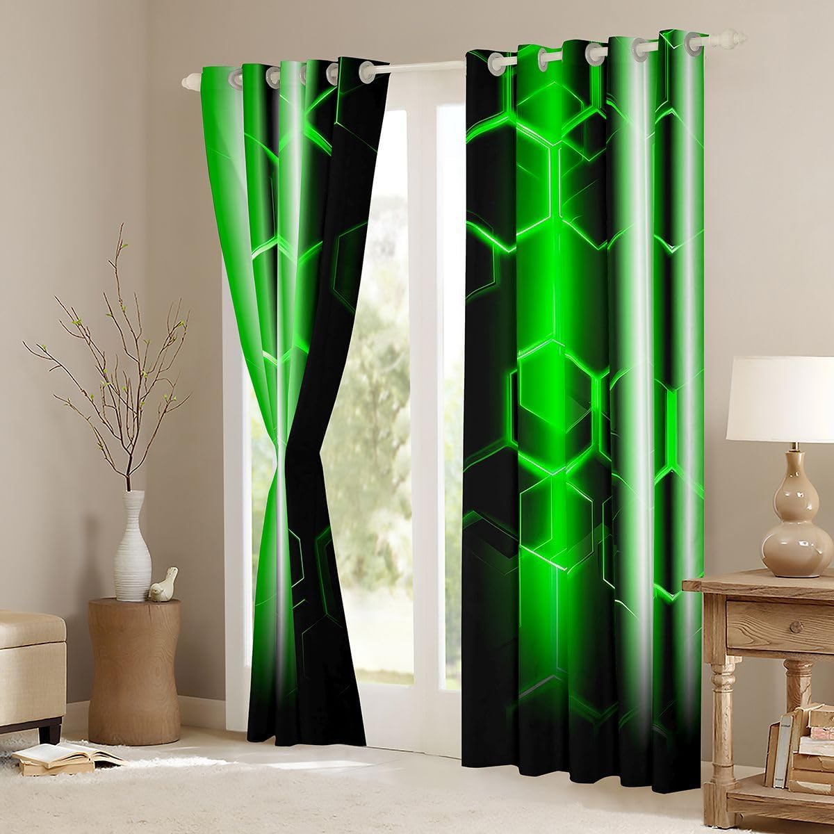 jejeloiu Honeycomb Curtains (2 Panels, 38 x 45 Inch) Modern Hexagon Theme Green Curtains Strip Lines Darkening Dreapes Modern Gradient Black Green Window Treatments Blackout
