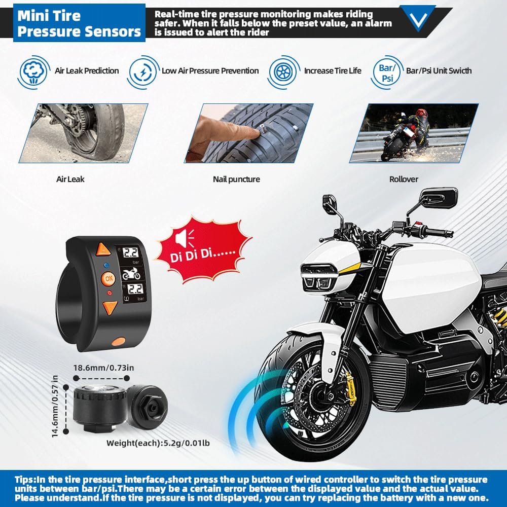 Mini Tire Pressure Sensors diagram showing front and rear sensors, gaskets, and wrench.