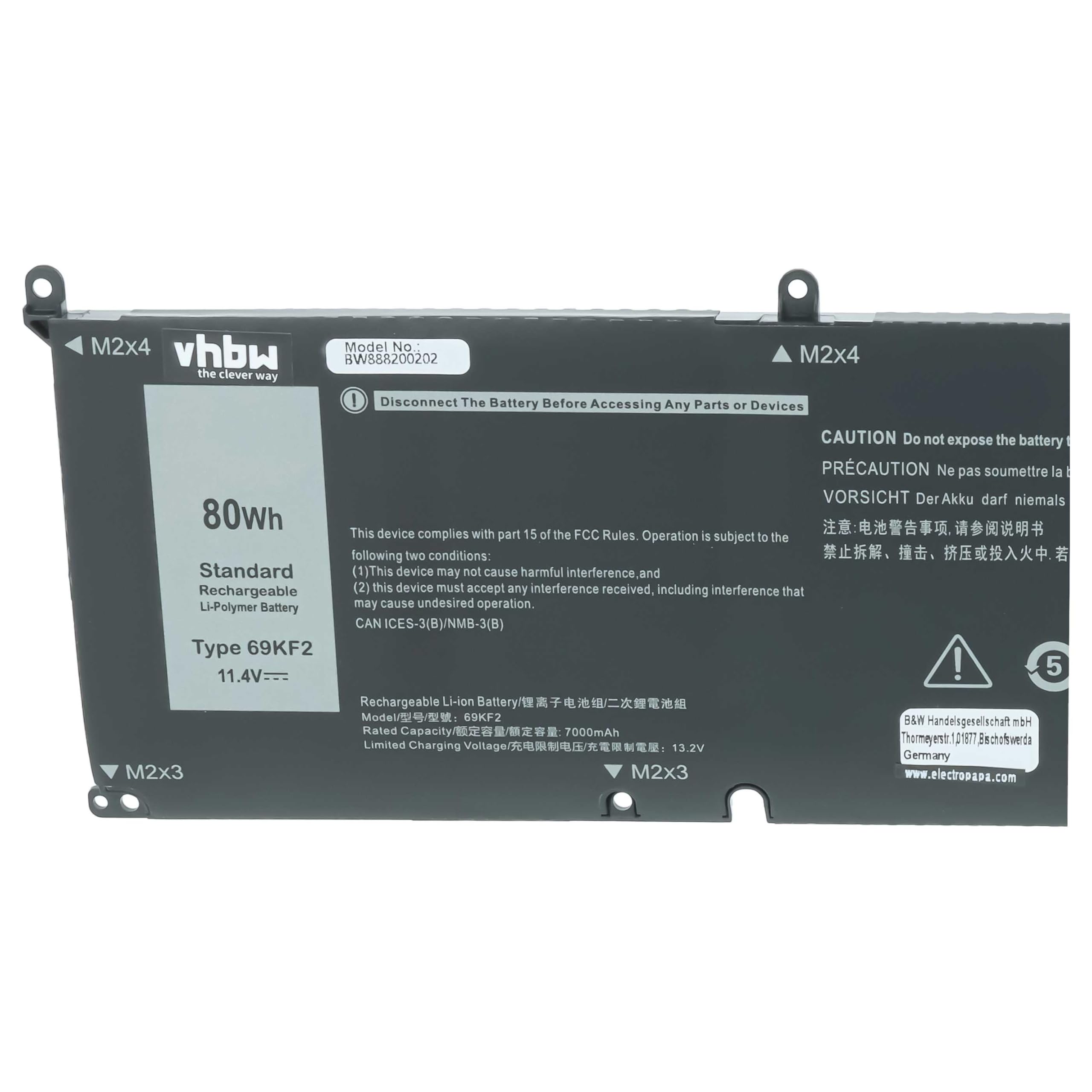 vhbw Zamiennik baterii do Dell 69KF2, 70N2F, M59JH do laptopa (7000 mAh, 11,4 V, litowo-polimerowy)