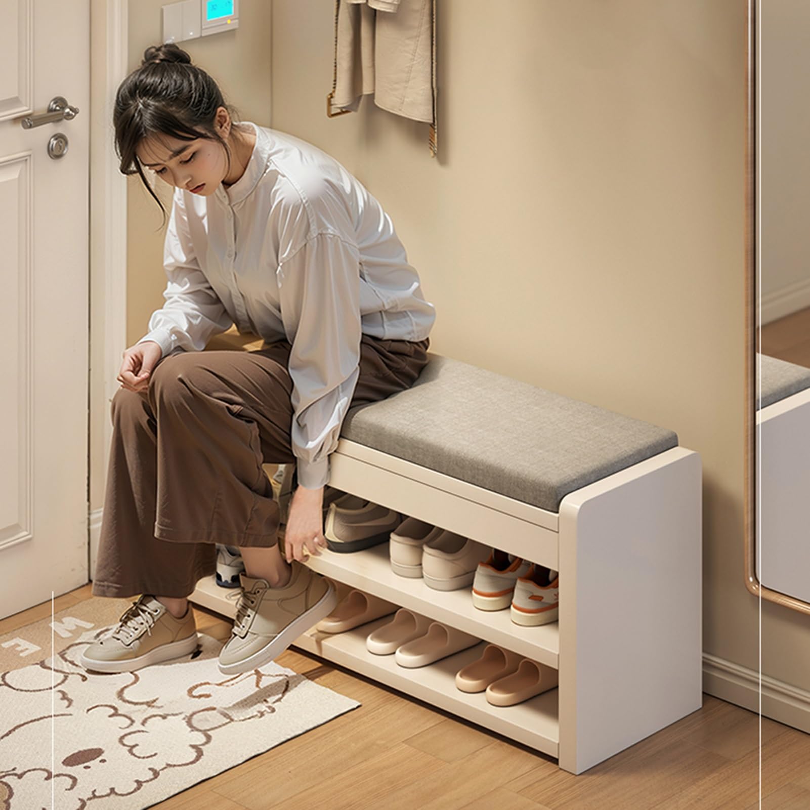 Banco de zapatos con asiento acolchado, entrada tapizada de tela, zapatero de 2 niveles, para entrada, puerta, dormitorio, hogar, dormitorio (blanco cálido, 80 cm)