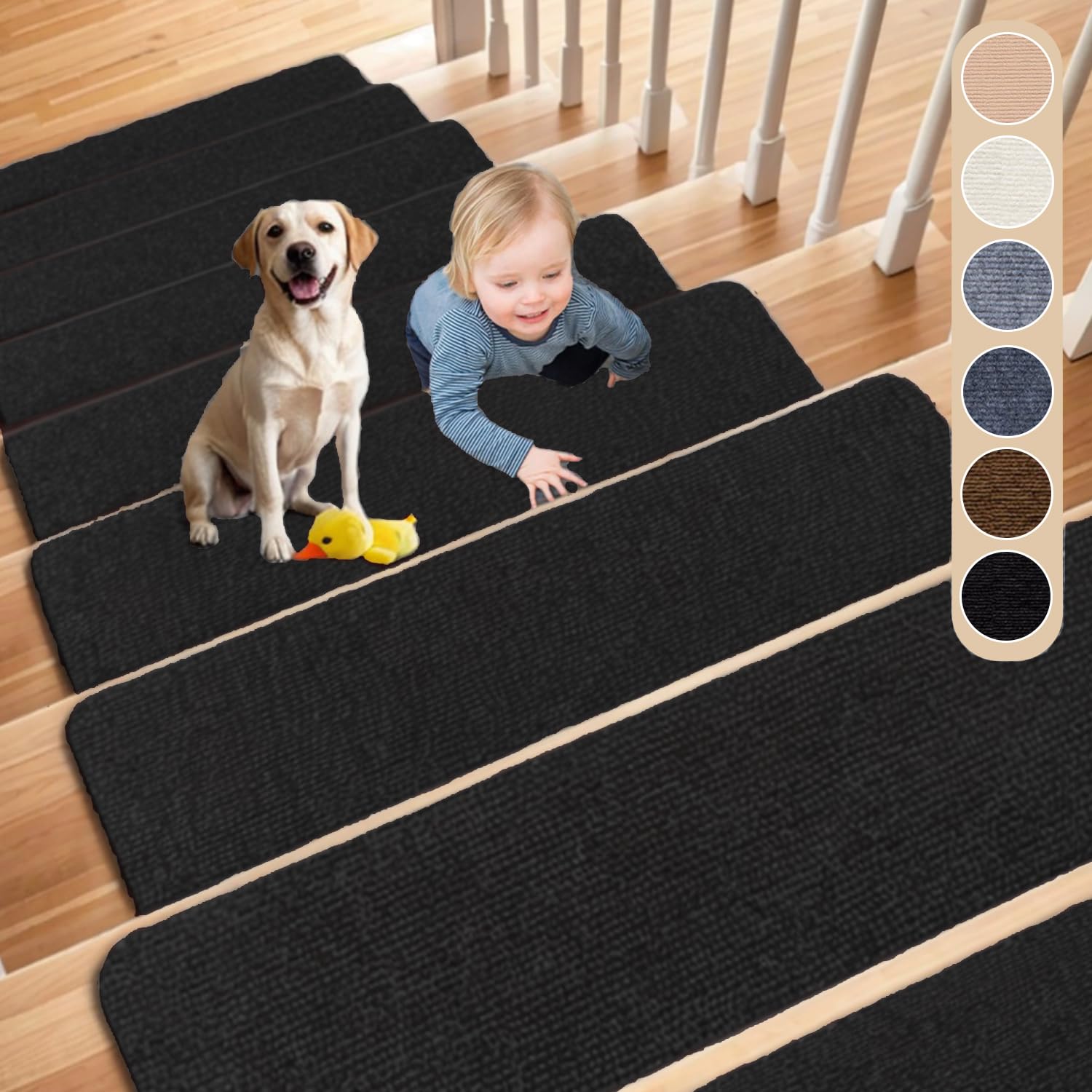 Cnwinu 15PCS Stair Treads Mats,Self-Adhesive Stair Runner Carpet for Staircases,60x20cm Stair Carpet Treads,Non-Slip Stair Mats for Indoor Wooden Steps,Stair Covers for Children,Elders and Pets(Black)