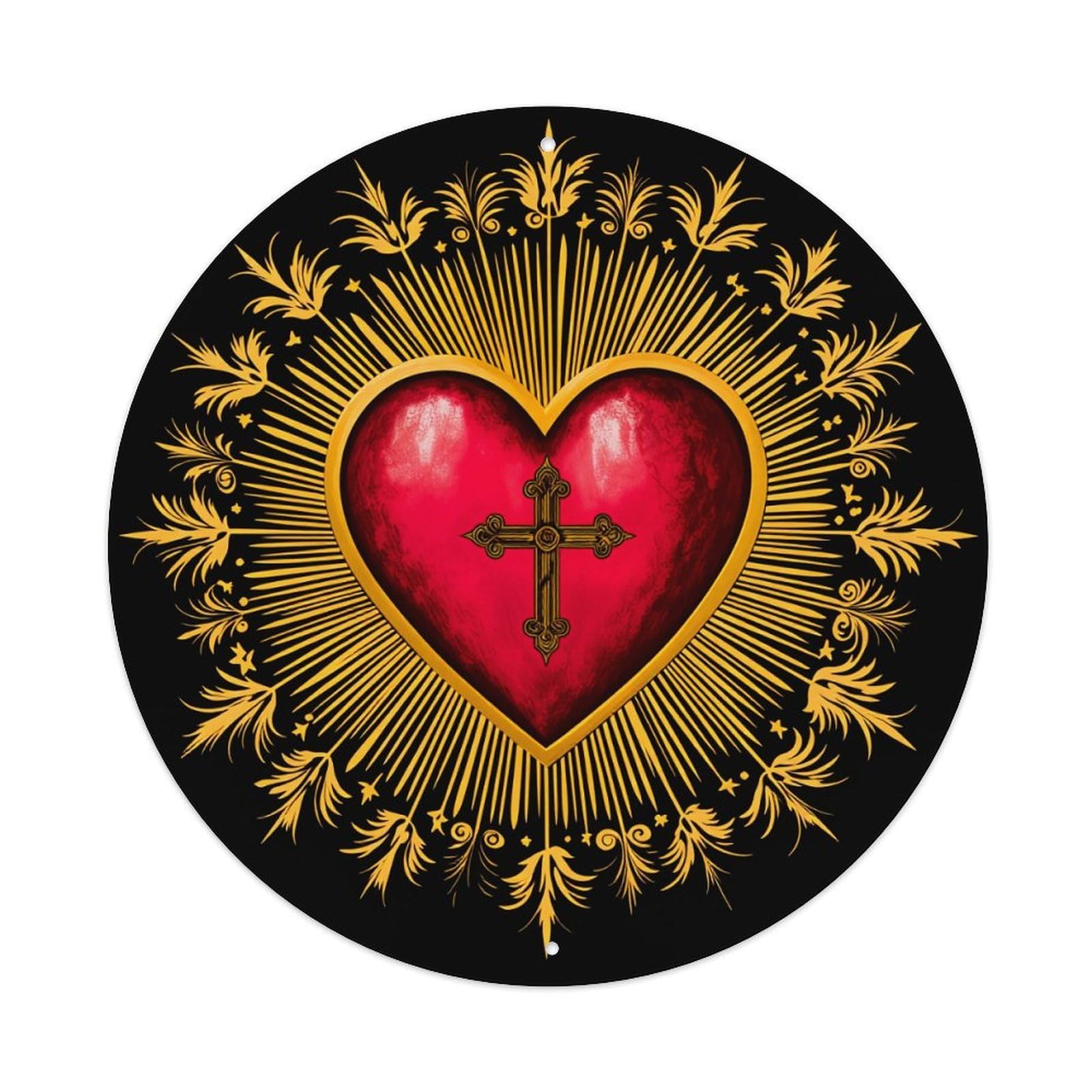 Sacred Heart With Golden Rays Round Tin Sign Retro Metal Sign for Cafe Bar Pub Home Game Room Gym Club Wall Decoration Vintage Metal Poster 8x8 Inch