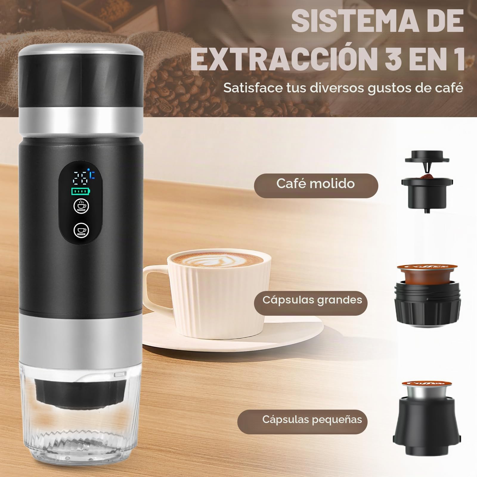 Bostar Máquina de Café Portátil, 3 en 1 Eléctrica Portátil Expreso Recargable Cafetera Espresso Pantalla Digital Temperatura para Cápsulas Pequeñas o Grandes y Café Molido para Oficina Viaje Camping