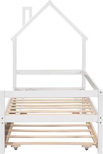 Miniatura 60 de Cama de plataforma de madera de tamaño individual con cabecero y cercas en forma de casa, sin rejas, cama de piso para dormitorio de niños
