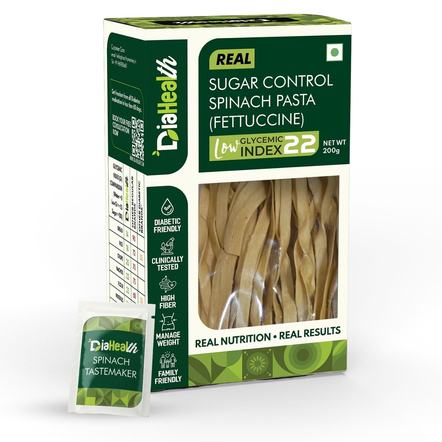 Diahealth Diabetic Care Spinach Pasta (Fettuccine), 200 Gms, 1 Pack, Low Glycemix Index (22) & High Protein/Serv, Taste Just Like Regular Pasta, Low Carb, Prebiotic High Fibre, For Diabetics And Diet-picture-13