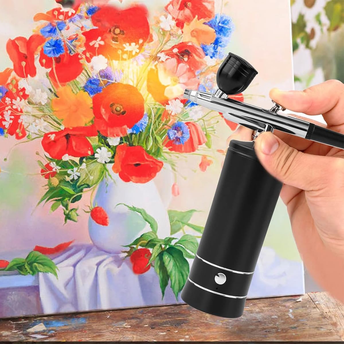 Alide Kit de aerógrafo con compresor, recargable, inalámbrico, antiobstrucción, de alta presión, con boquilla de 0,3 mm y cepillo de limpieza para manicura.