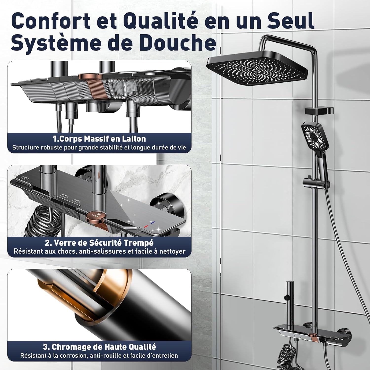 Colonne de Douche avec Mitigeur, Ensemble Douche Tête Pluie XXL 31,5cm, Panneau Commande Piano 4 Fonctions, Hauteur Réglable 83-110cm, pour Baignoire et Salle de Bain - Gris