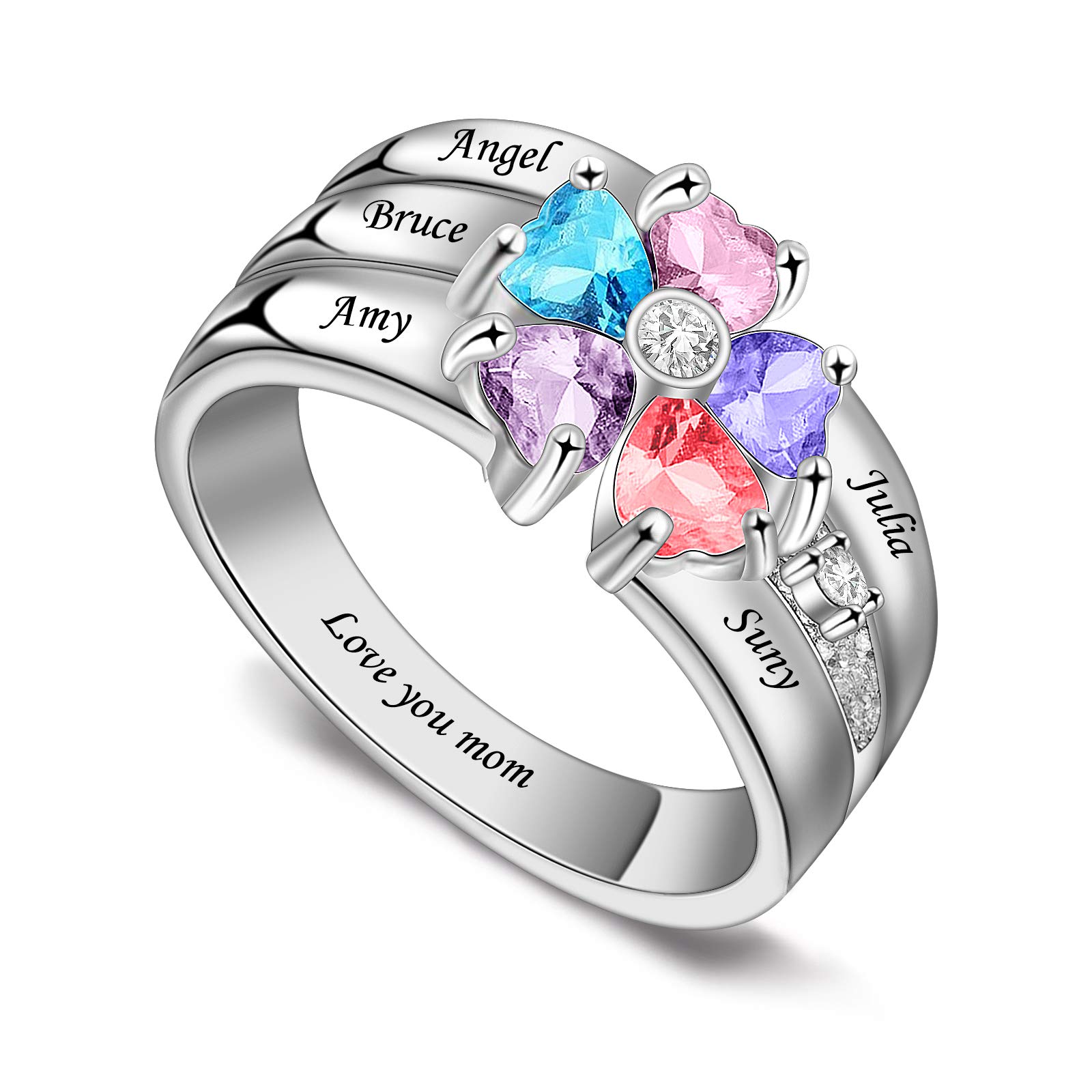 BAUMA AUTO Personalized Sterling Silver Mothers Rings with 5 Simulated Birthstones Rings for Mom Mothers Days Rings Family Name Rings for 5 Mother's Christmas Rings for Mom Friendship rings