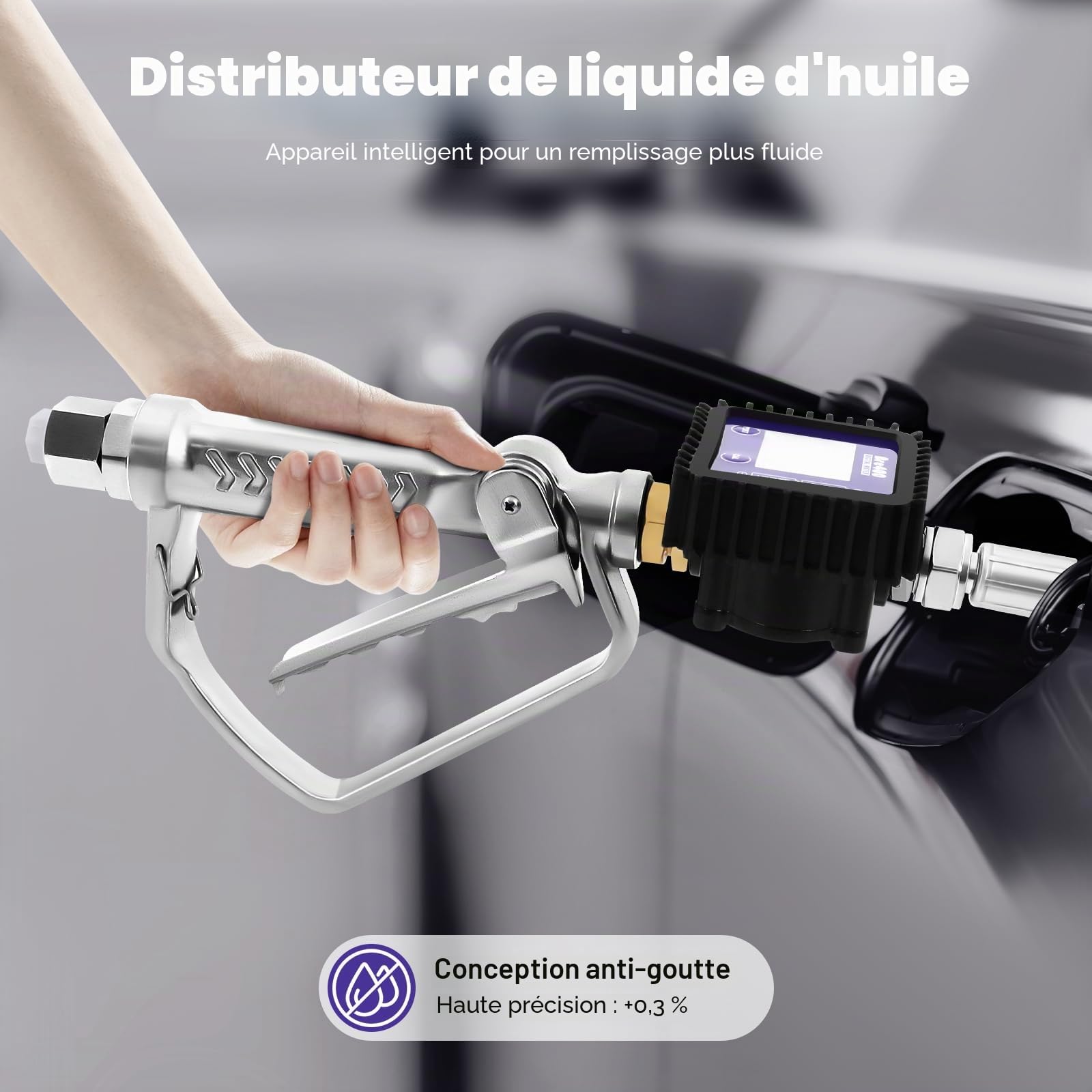 Distributeur de liquide d'huile 45 bar - Pistolet à huile avec tuyau de mesure et buse rotative à 360° - Faible niveau de batterie - Rappel - 4 unités de mesure d'huile moteur - Pistolet à