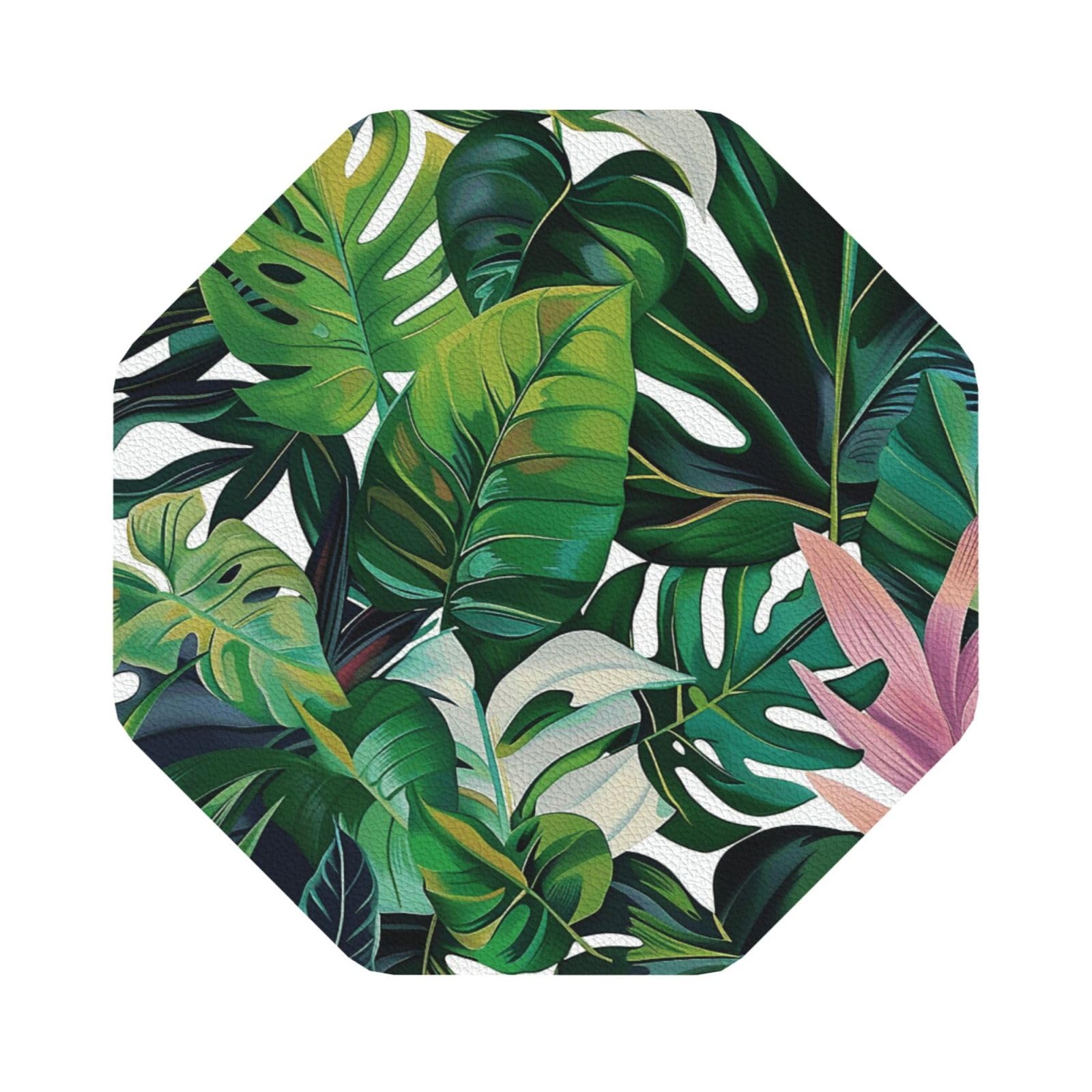 Tropical Leaves Print Leather Coaster Set of 6, Octagon Coasters Table Decorative Coffee Cup Beverage Coasters Wine Beer Bar Coasters for Hot Drinks Table Protection