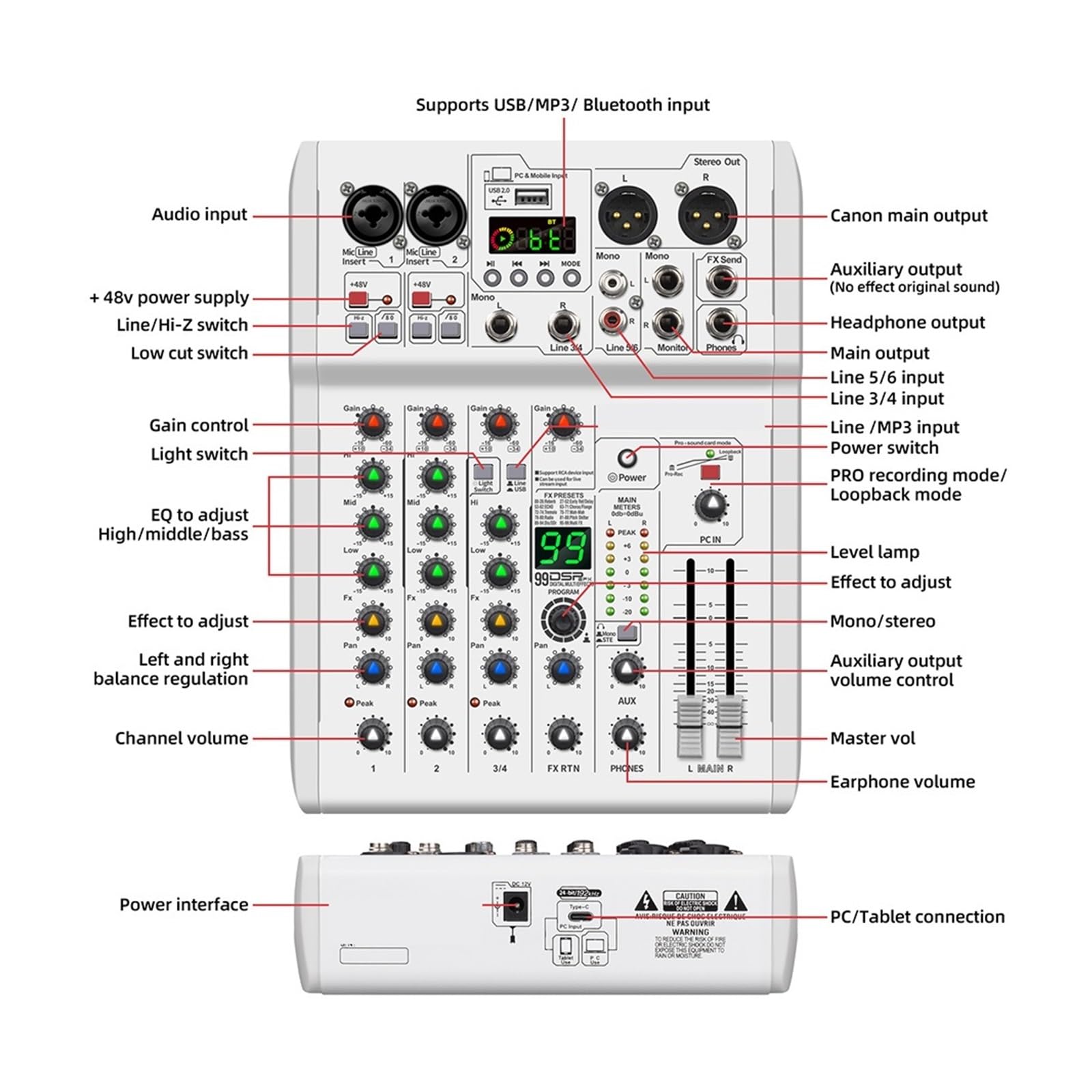 Mixer mit Konsole, 99 DSP-Effekte, tragbares Mischpult for Live-Auftritte, Aufnahmestudio,Außergewöhnliche Klangklarheit