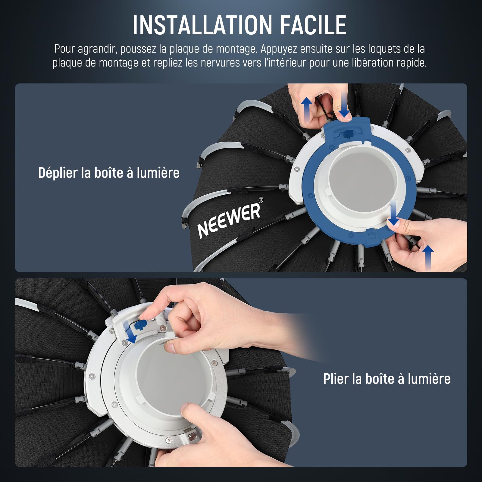 NEEWER Kit de boîte à lumière parabolique Bowens - 60 cm - avec diffuseurs de lumière - pour Studio de Photographie, Enregistrement vidéo, Diffusion en continu - Compatible avec Aputure 120d