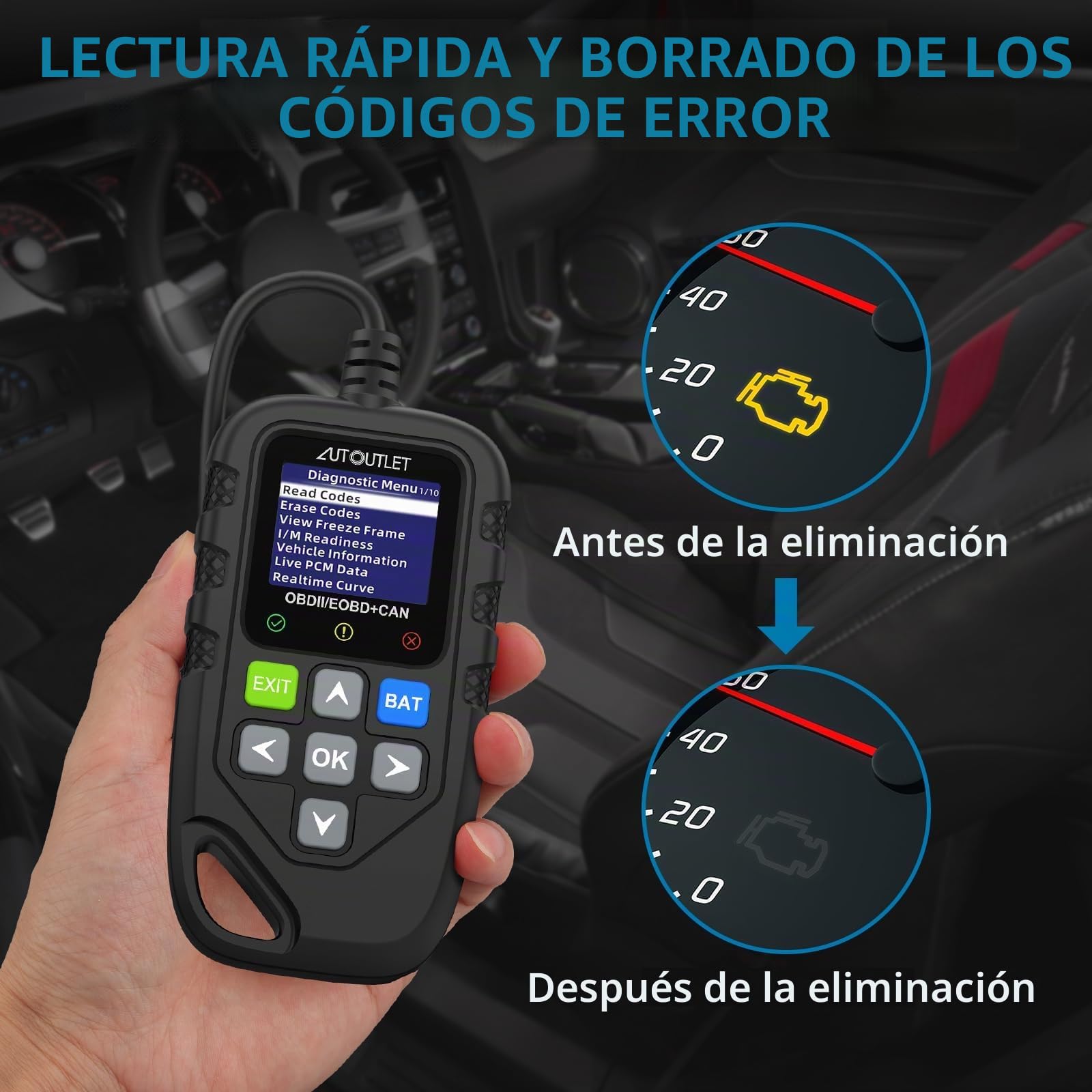 AUTOUTLET Lector de códigos de escáner OBD2 para diagnóstico rápido y borrado de códigos de Problemas, Amplia Biblioteca DTC con 13 Idiomas, Compatible con Varios protocolos de vehículos para