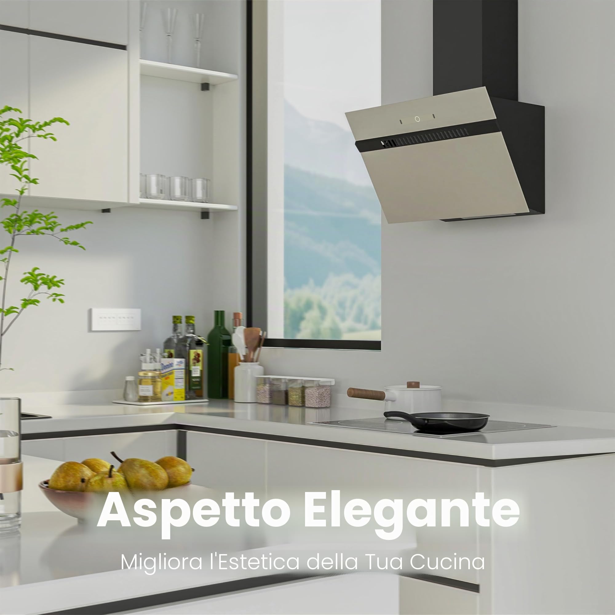 FIREGAS Classe A+++ Cappa Aspirante Inclinata 60cm, 684 m³/h, 9 Velocità, Controllo Touch e a Gesti, Ricircolo ed Estrazione, Cappa Cucina con Filtro a Carbone, Grigio