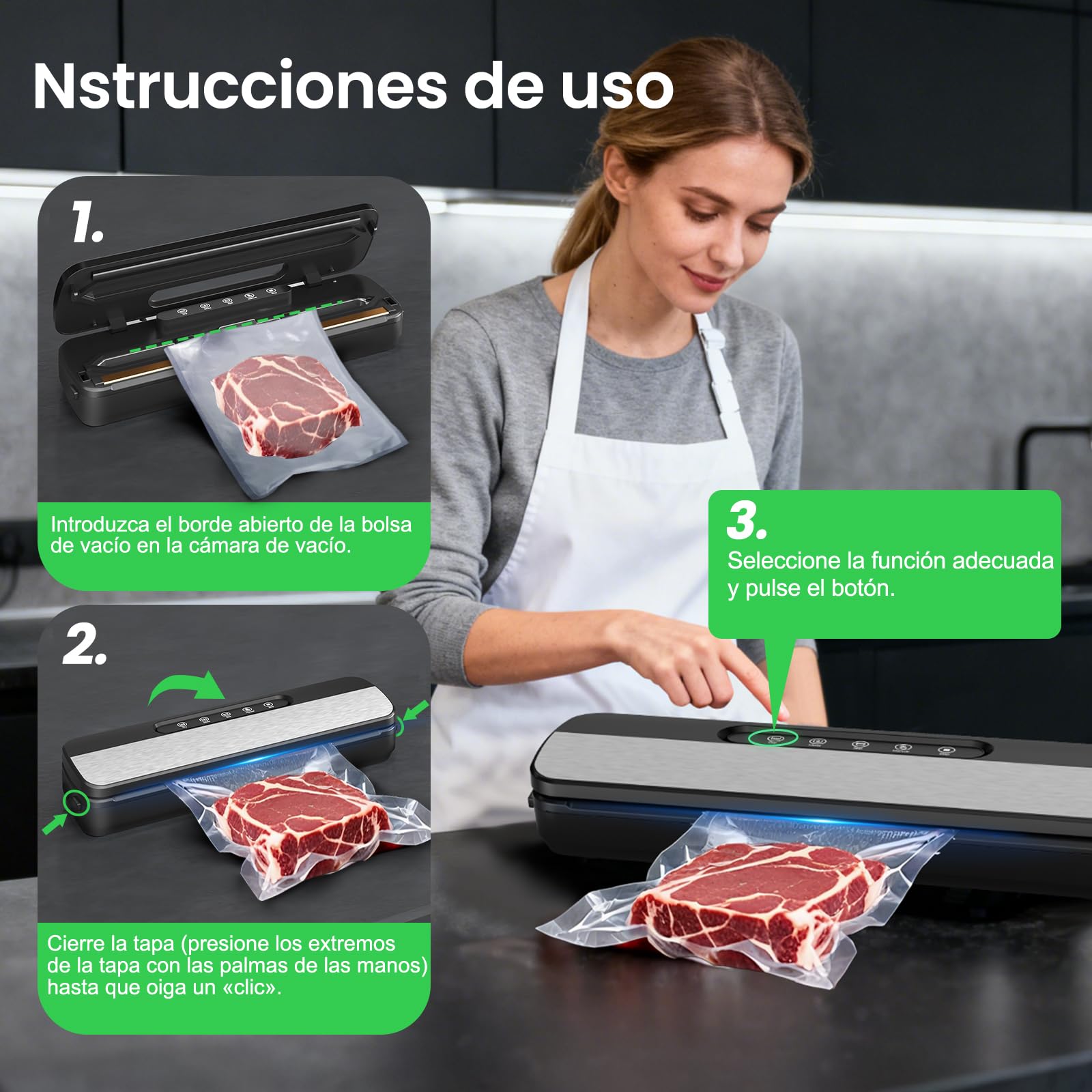Raycial Envasadora al Vacío, 7 en 1 Envasadora al Vacio Domestica, Para Seco/Húmedo/Conservas, Maquina al Vacio con 10 Bolsas de Vacío, Cortador y Manguera de Extracción