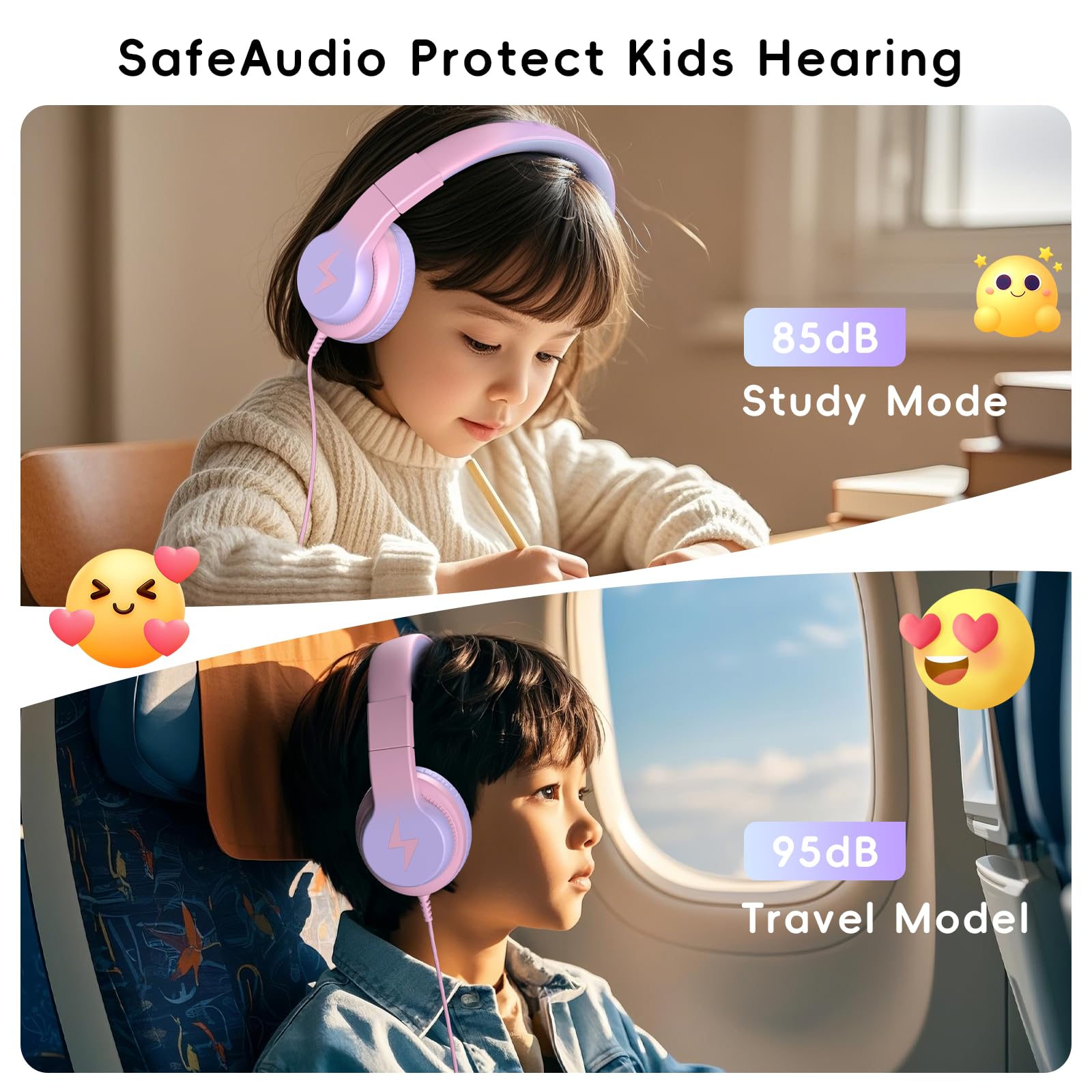 Candy Bila Cuffie cablate per bambini con microfono, limitatore di volume 85/94 dB, per ragazze e ragazzi, viola chiaro