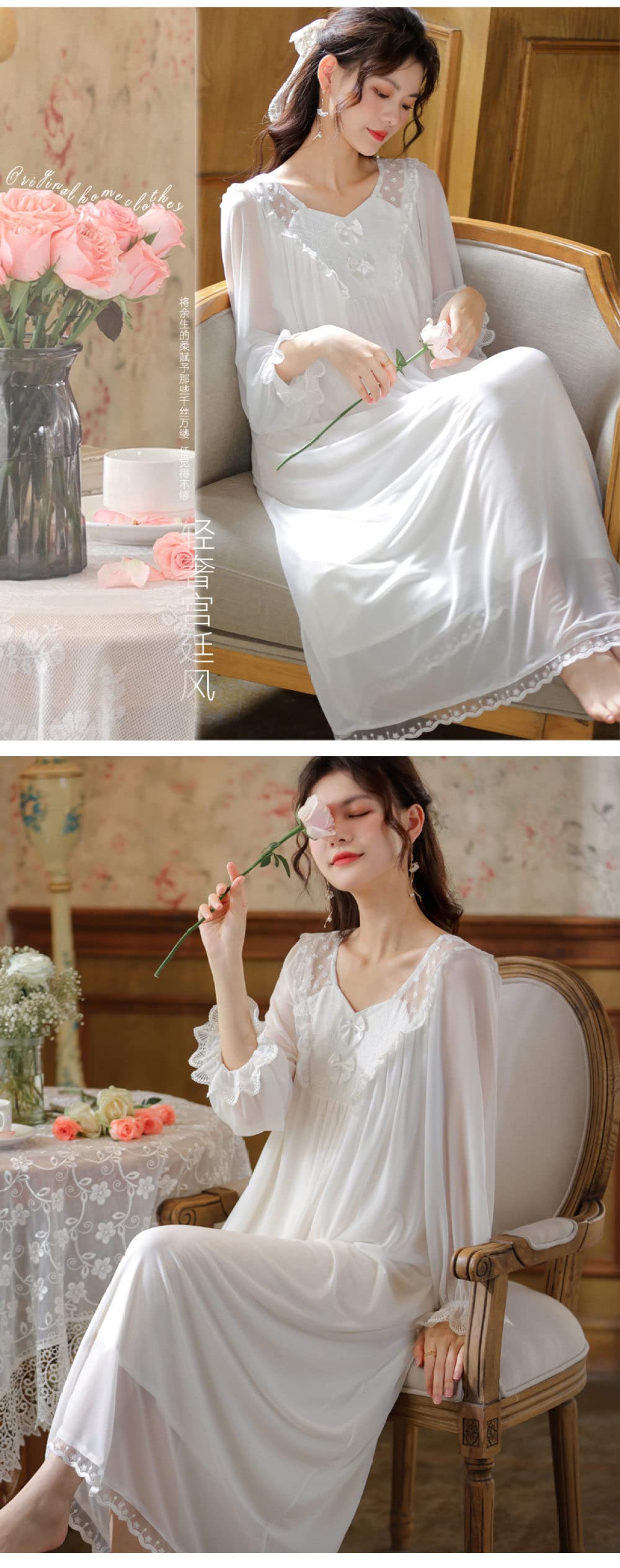 Nachthemd Damen,Damen-Nachthemden Weiß Rundhals Spitze Rüschen Schleife Mesh Elegantes Schlafhemd Weiche Bequeme Lange Ärmel Nachthemd Loungewear Für Damen Mädchen Pyjama Party Weihnachtsnachth
